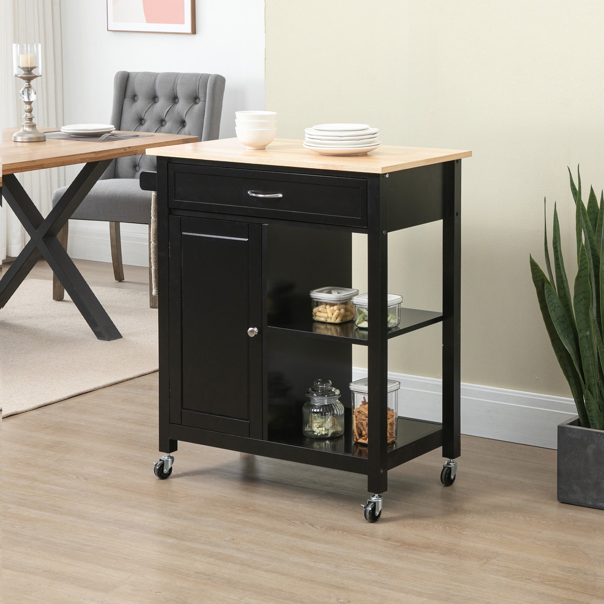 HOMCOM Rolling Kitchen Cart with Wood Top and Drawer, Kitchen Island on Wheels for Dining Room, Black