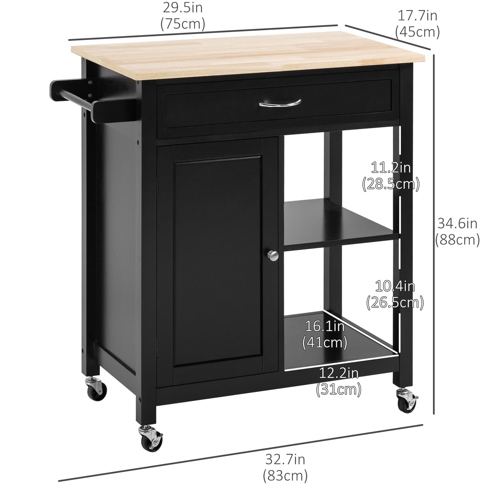 HOMCOM Rolling Kitchen Cart with Wood Top and Drawer, Kitchen Island on Wheels for Dining Room, Black