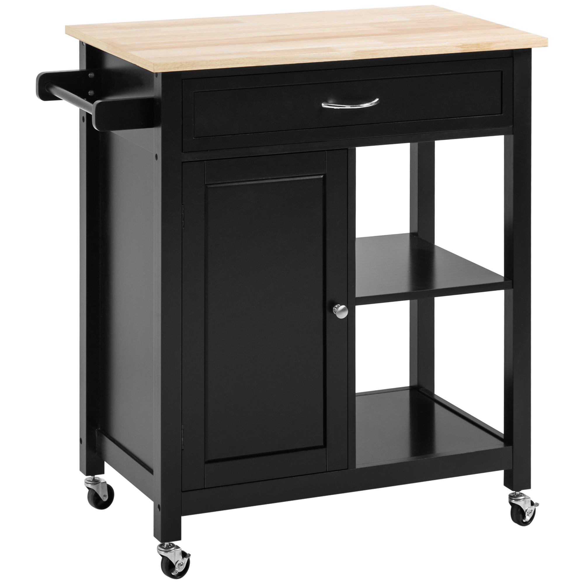 HOMCOM Rolling Kitchen Cart with Wood Top and Drawer, Kitchen Island on Wheels for Dining Room, Black