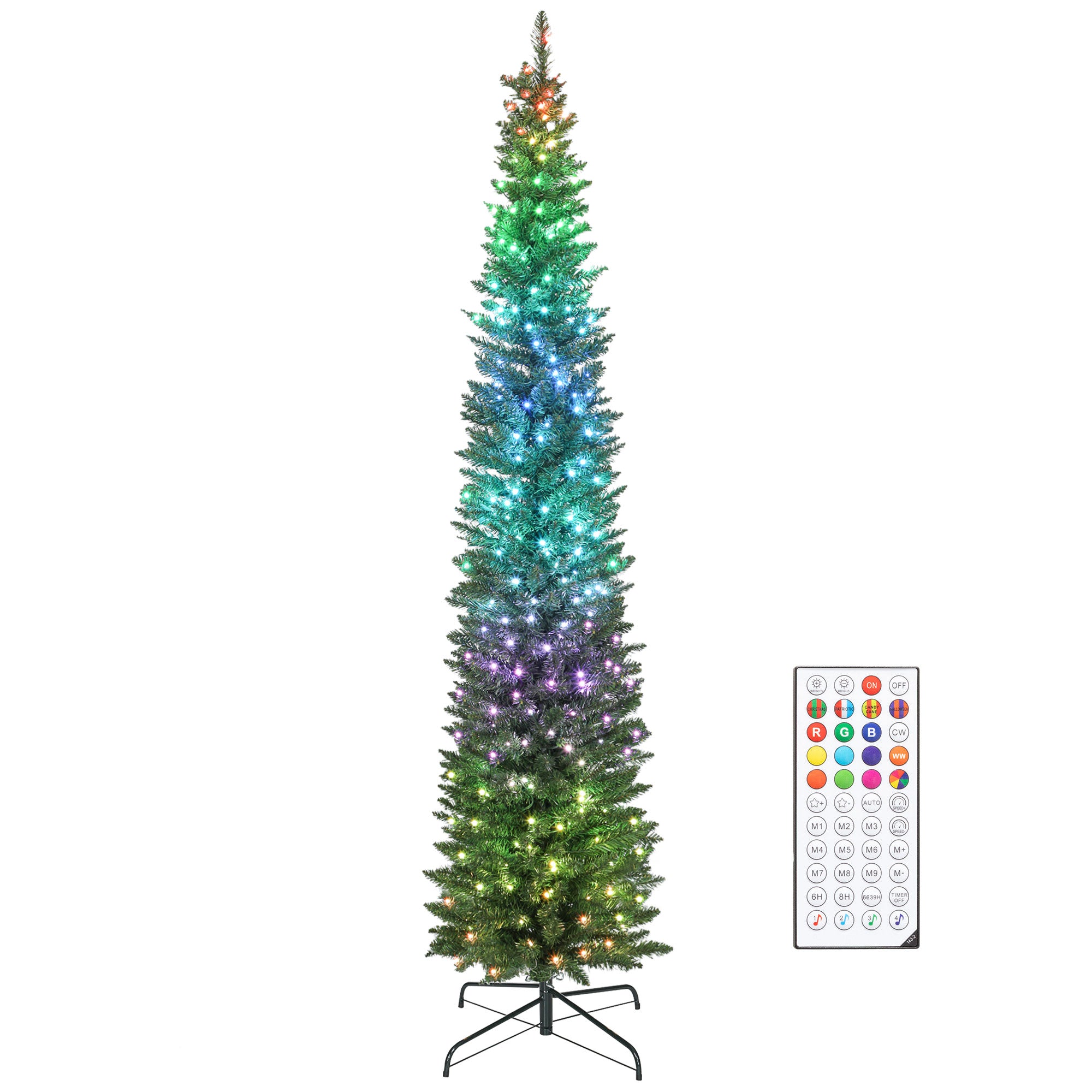 7.5ft Prelit Christmas Tree with Colourful DIY Synchronized LED Lights, Hinged Pencil Xmas Tree with Remote, 12 Modes, Daily Timer, Adjustable Brightness and Speed, Green