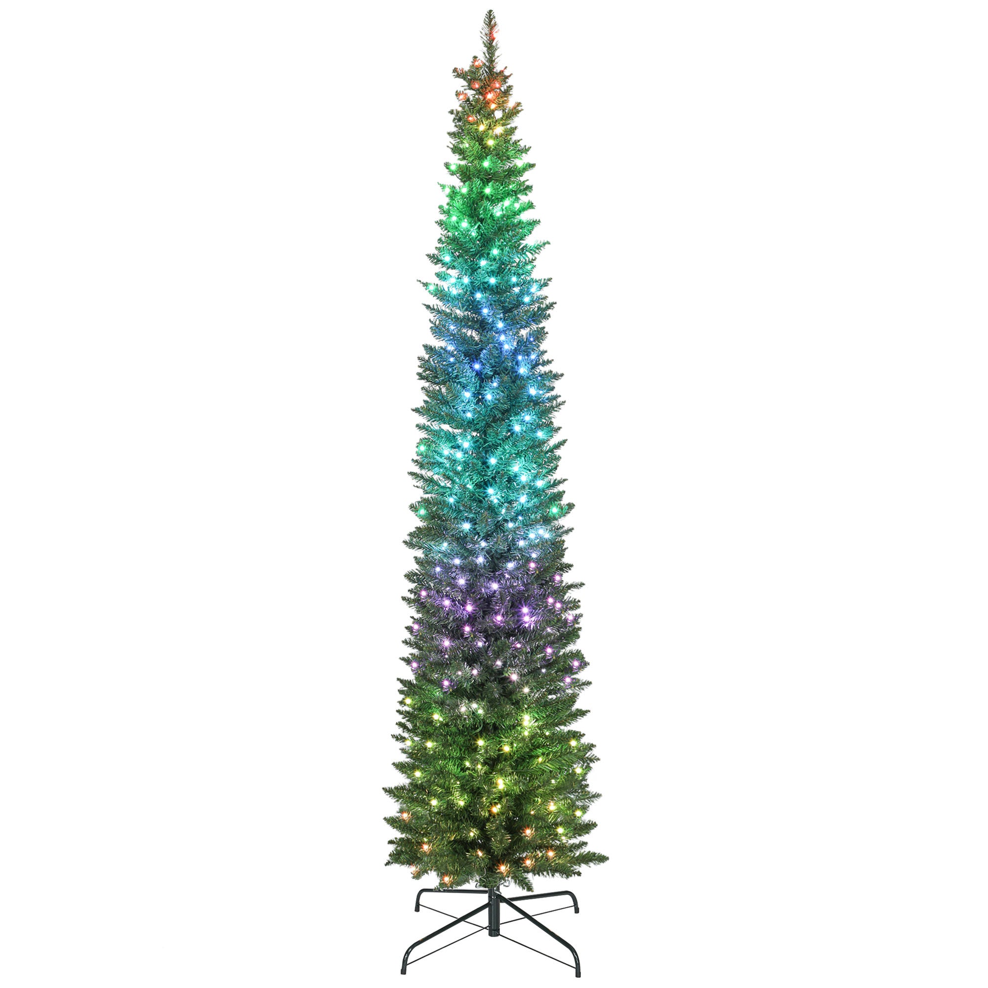 7.5ft Prelit Christmas Tree with Colourful DIY Synchronized LED Lights, Hinged Pencil Xmas Tree with Remote, 12 Modes, Daily Timer, Adjustable Brightness and Speed, Green