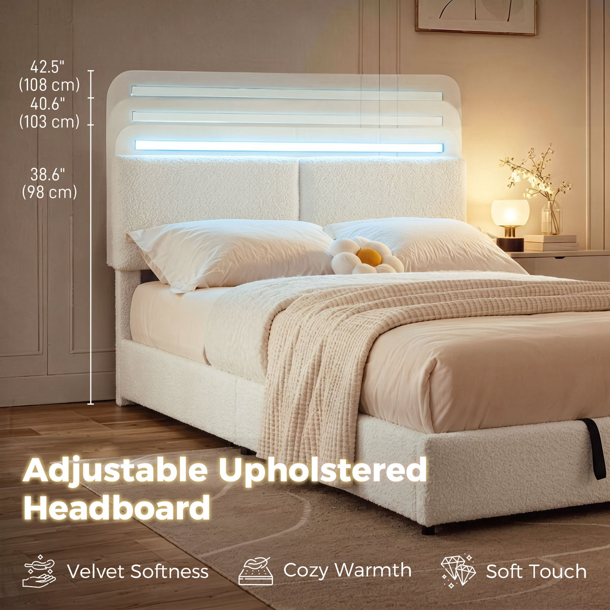 Queen Bed Frame with Charging Station, LED Lights, Adjustable Headboard, Fabric Platform Bed Frame, Wood Slat Support, Noise Free, No Box Spring Needed, Easy Assembly, White