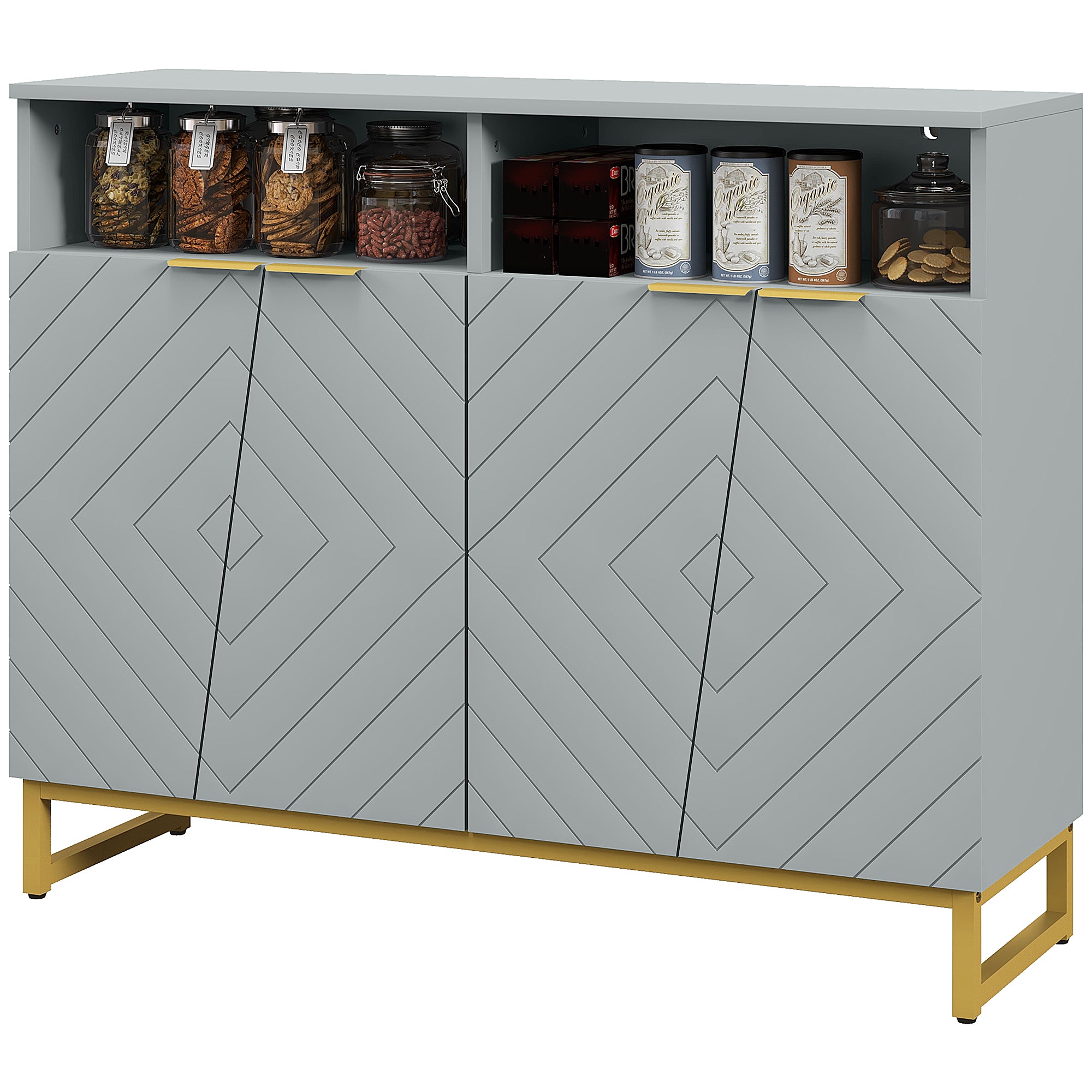 HOMCOM Buffet Cabinet, Accent Storage Cabinet, Kitchen Sideboard with 4 Doors, Adjustable Interior Shelves, Metal Base, Grey