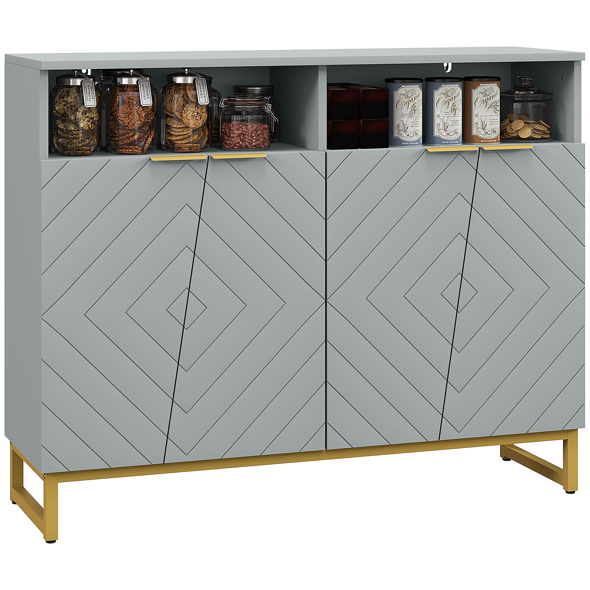 HOMCOM Buffet Cabinet, Accent Storage Cabinet, Kitchen Sideboard with 4 Doors, Adjustable Interior Shelves, Metal Base, Grey