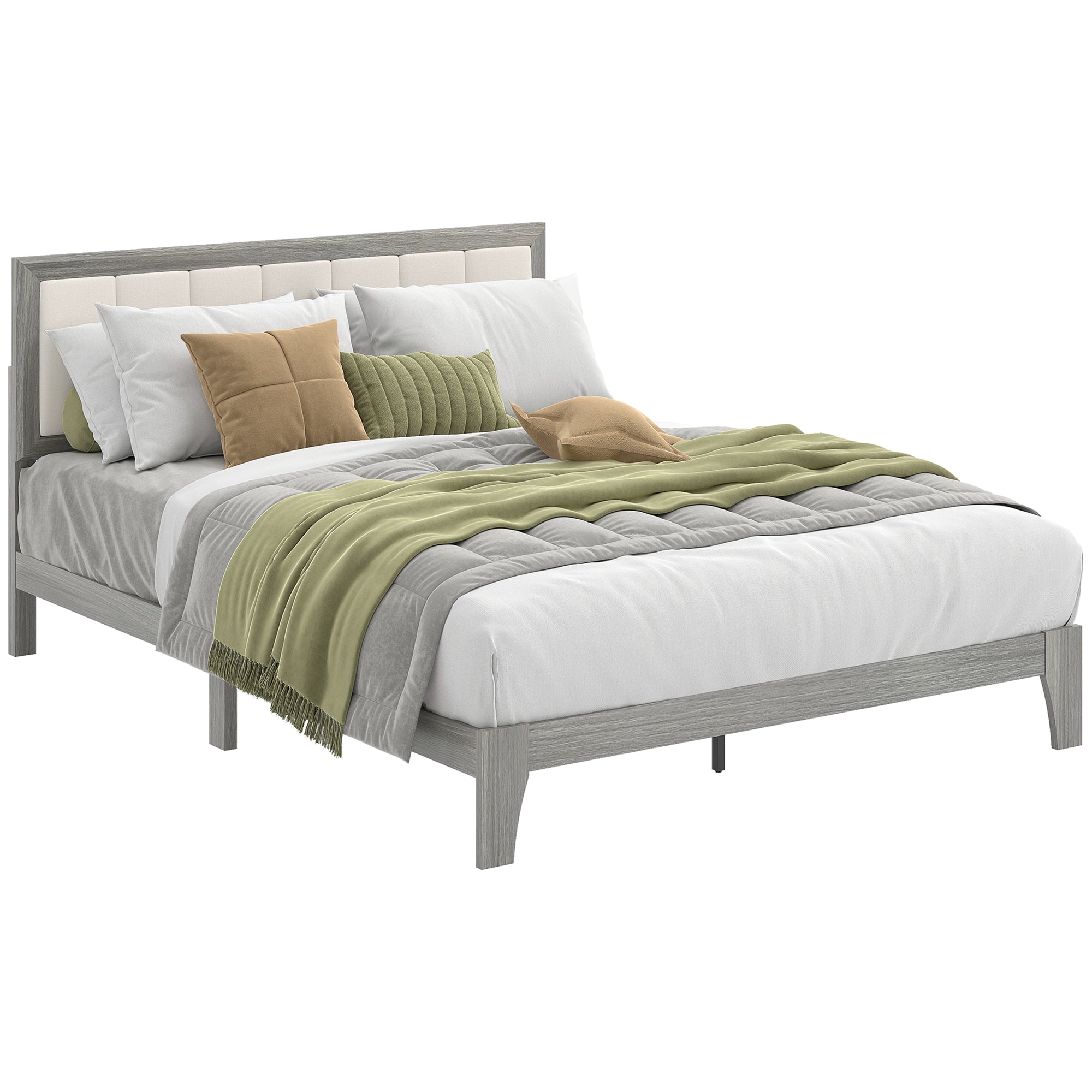 Queen Size Bed Frame with Upholstered Headboard, Platform Bed Frame with Wooden Slats, No Box Spring Needed, Easy Assembly, Gray
