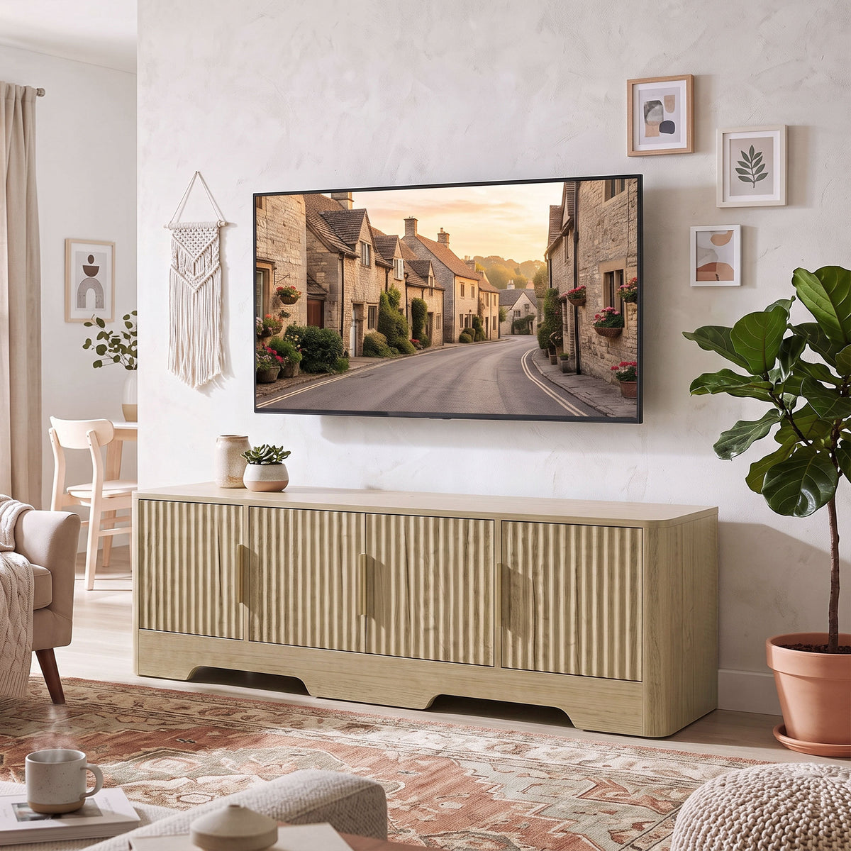 TV Stand for TVs up to 60", Modern Entertainment Center with Fluted Doors, Media Console Table with 3 Cabinets, Adjustable Shelf and Cable Management for Living Room, Oak