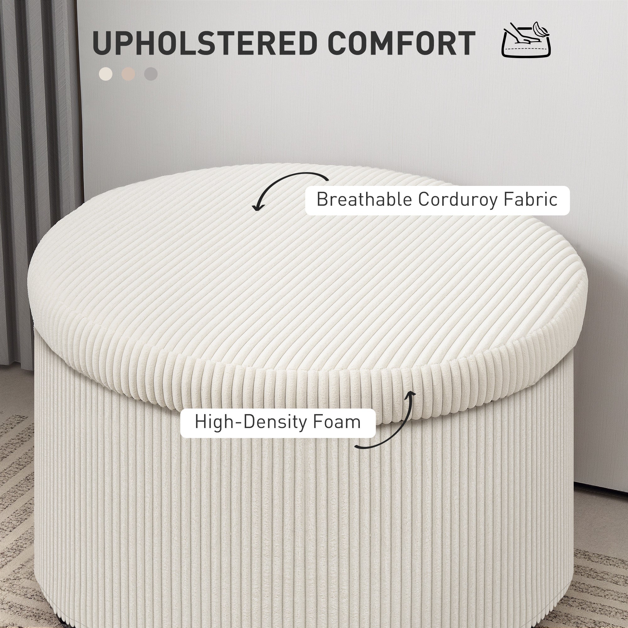Storage Ottoman with Lid, 24 Inches Round Pouf Ottoman with Storage, Upholstered Corduroy Foot Rest Stool for Living Room, Bedroom, Beige