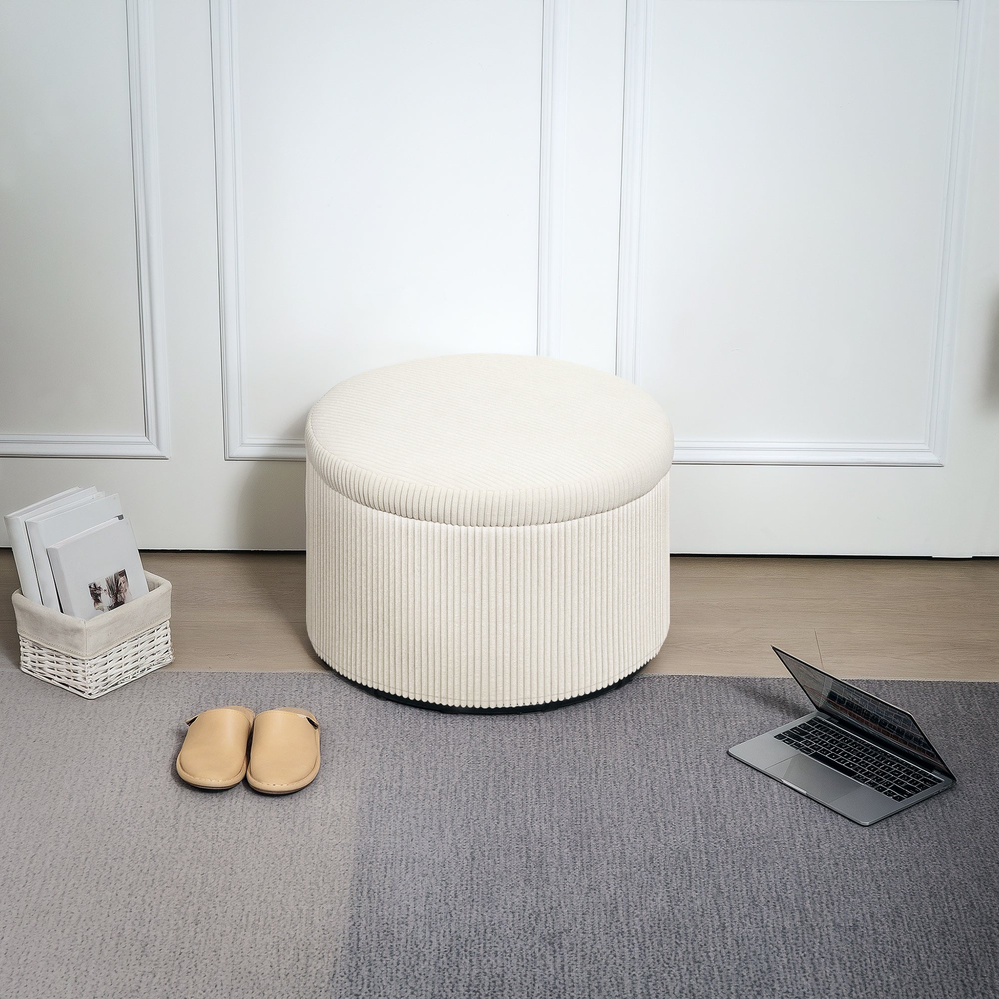 Storage Ottoman with Lid, 24 Inches Round Pouf Ottoman with Storage, Upholstered Corduroy Foot Rest Stool for Living Room, Bedroom, Beige