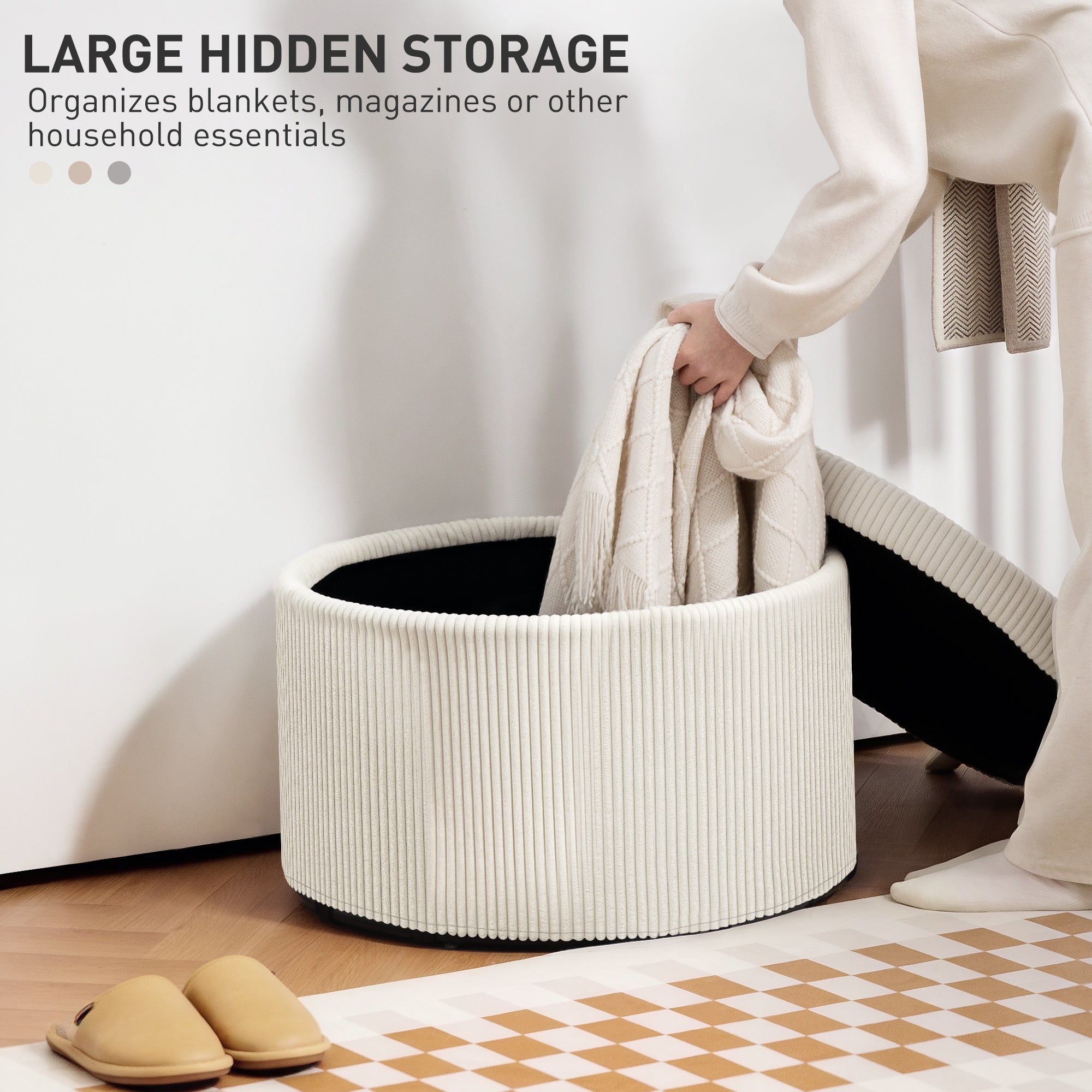 Storage Ottoman with Lid, 24 Inches Round Pouf Ottoman with Storage, Upholstered Corduroy Foot Rest Stool for Living Room, Bedroom, Beige
