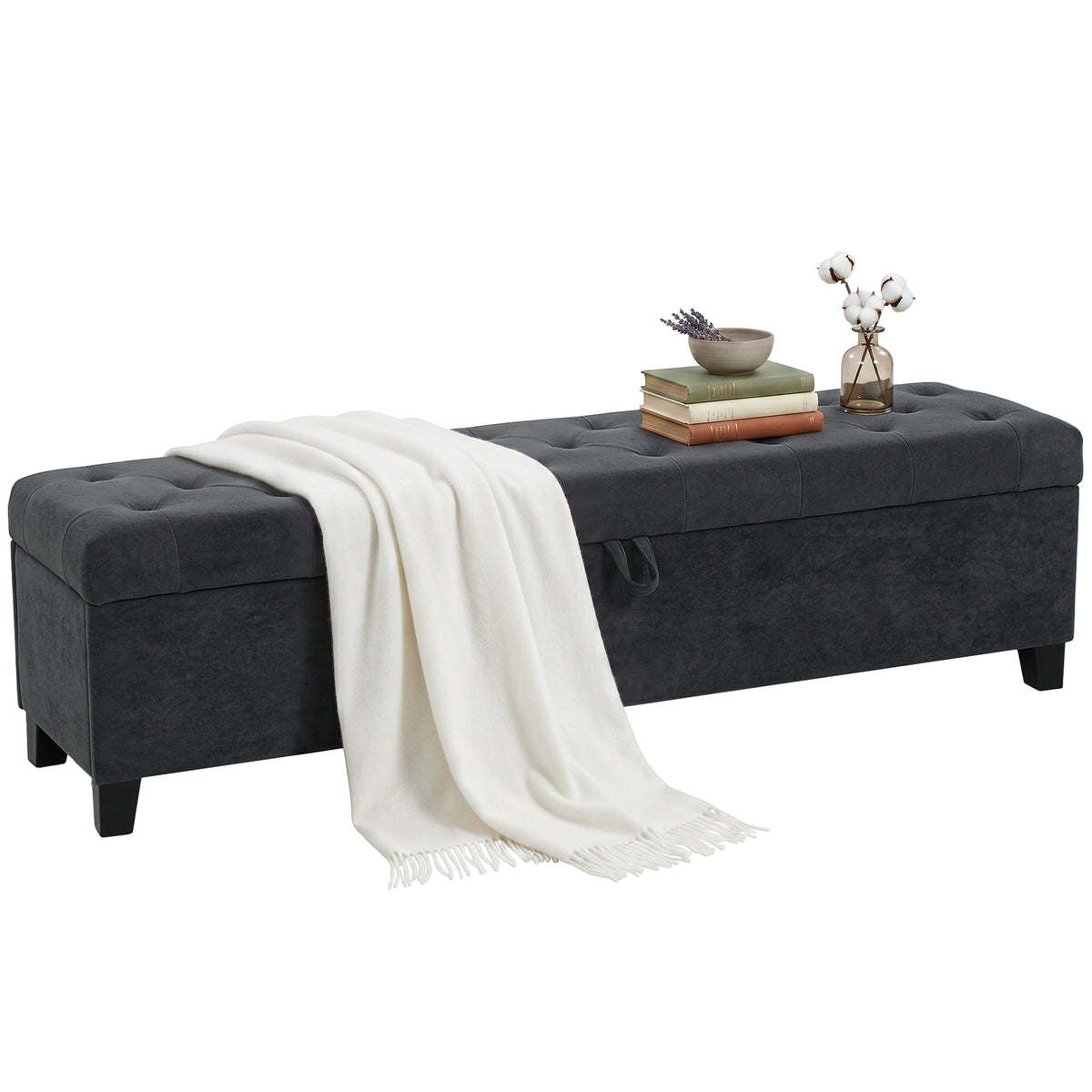 63" Storage Ottoman Bench, End of Bed Bench for Queen/King Bed, 63"x16.1"x17.7", Velvet Fabric Tufted Storage Chest for Living Room, Bedroom, Entryway, 528 lb, Dark Grey