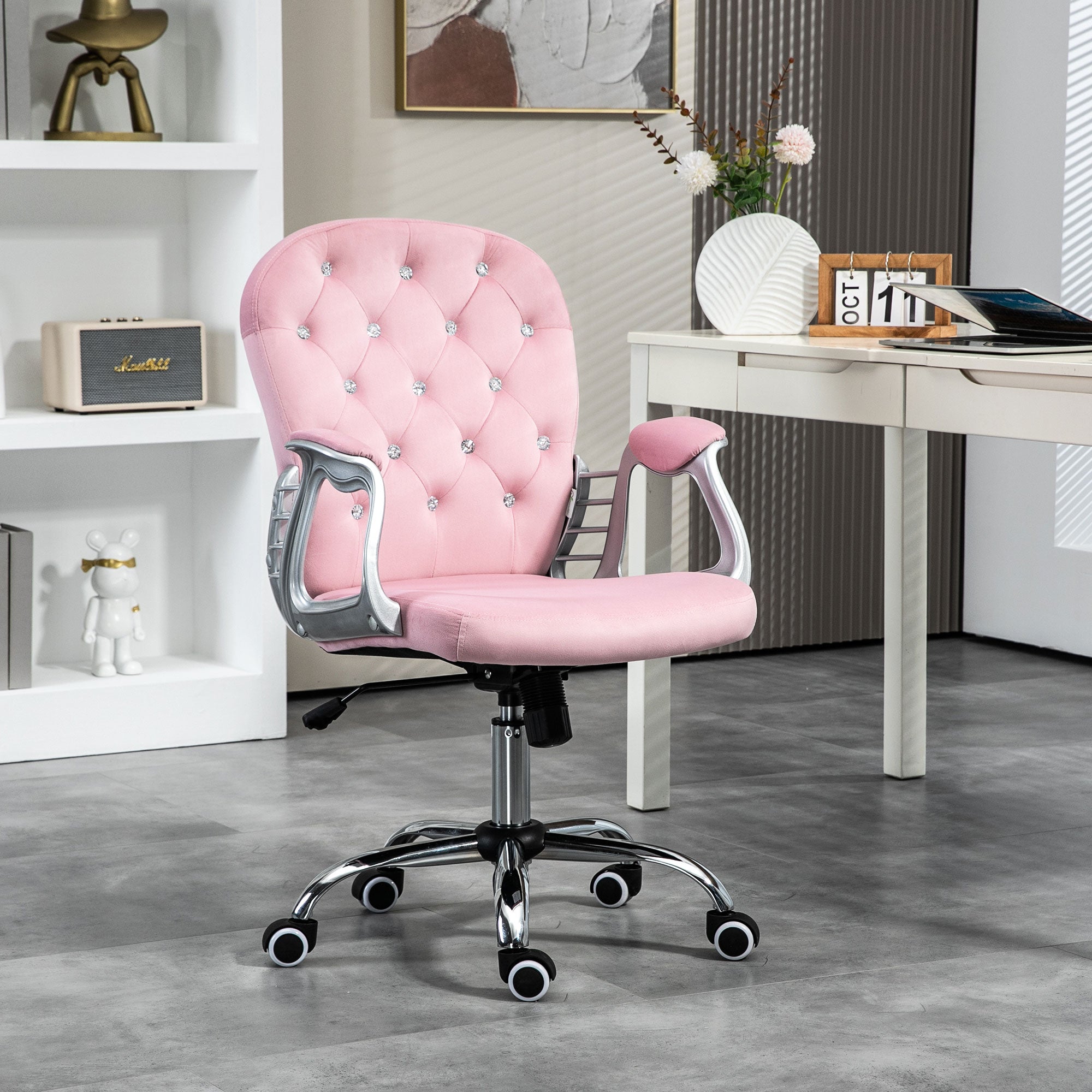 Button Tufted Desk Chair, Home Office Chair with Padded Armrests, Adjustable Height and Swivel Wheels, Pink