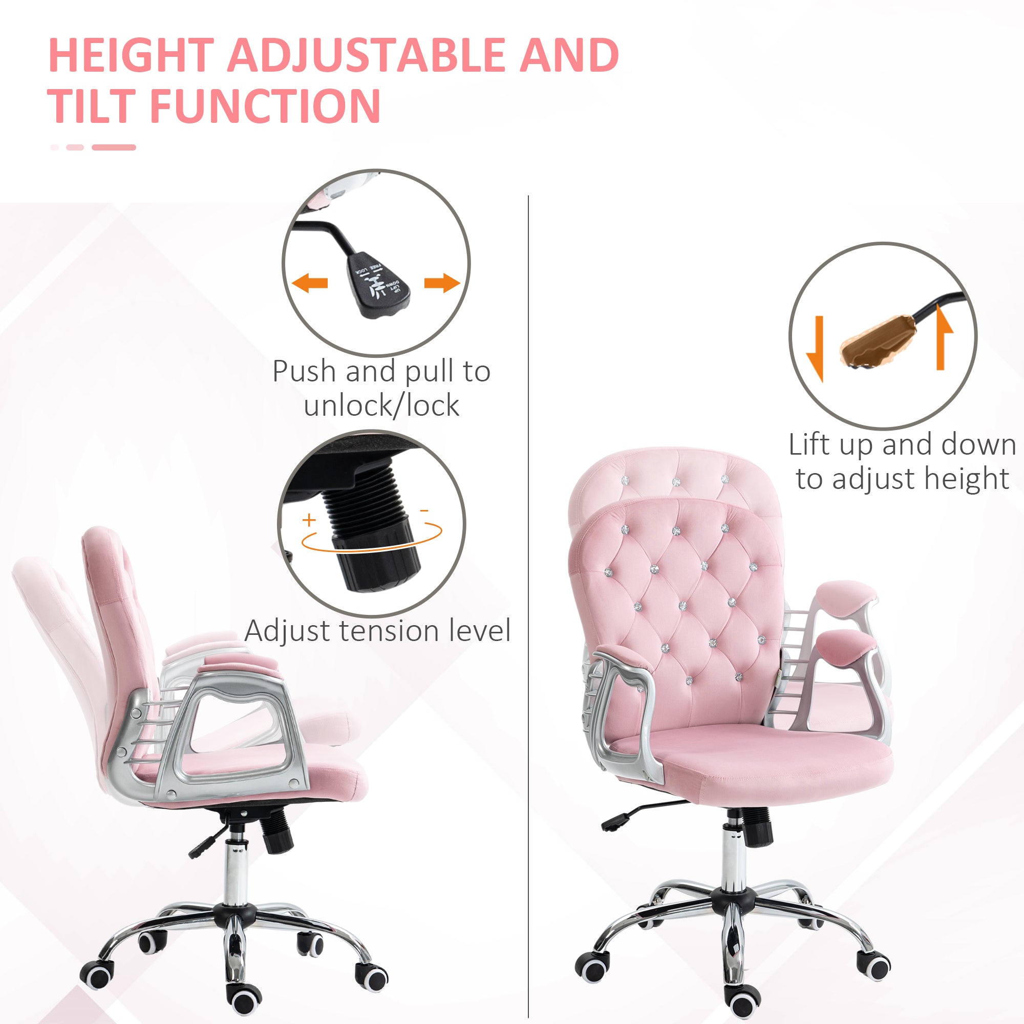 Button Tufted Desk Chair, Home Office Chair with Padded Armrests, Adjustable Height and Swivel Wheels, Pink