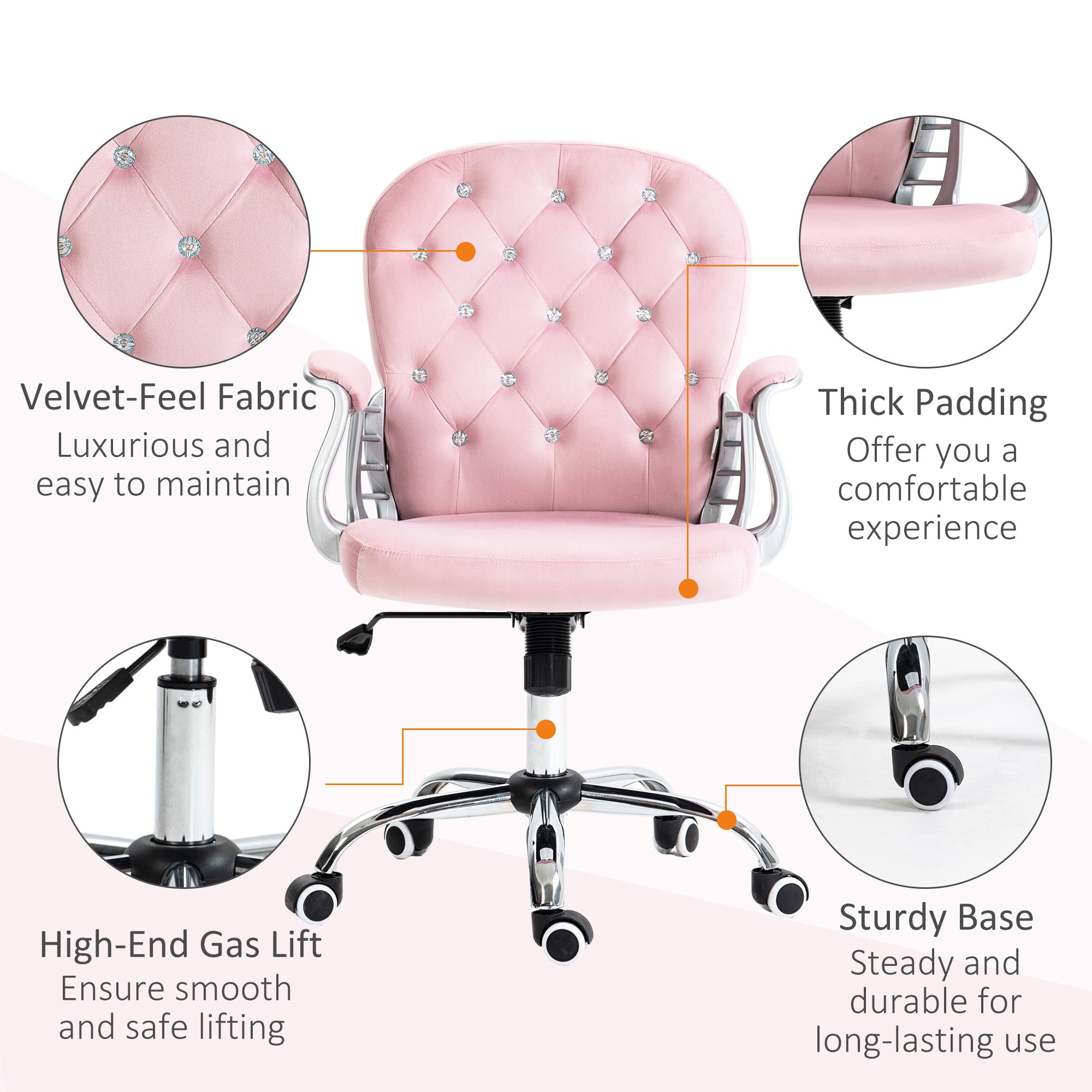 Button Tufted Desk Chair, Home Office Chair with Padded Armrests, Adjustable Height and Swivel Wheels, Pink