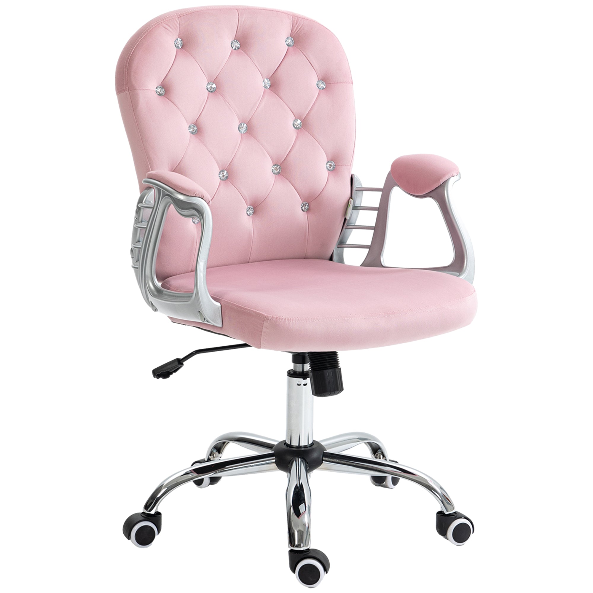 Button Tufted Desk Chair, Home Office Chair with Padded Armrests, Adjustable Height and Swivel Wheels, Pink