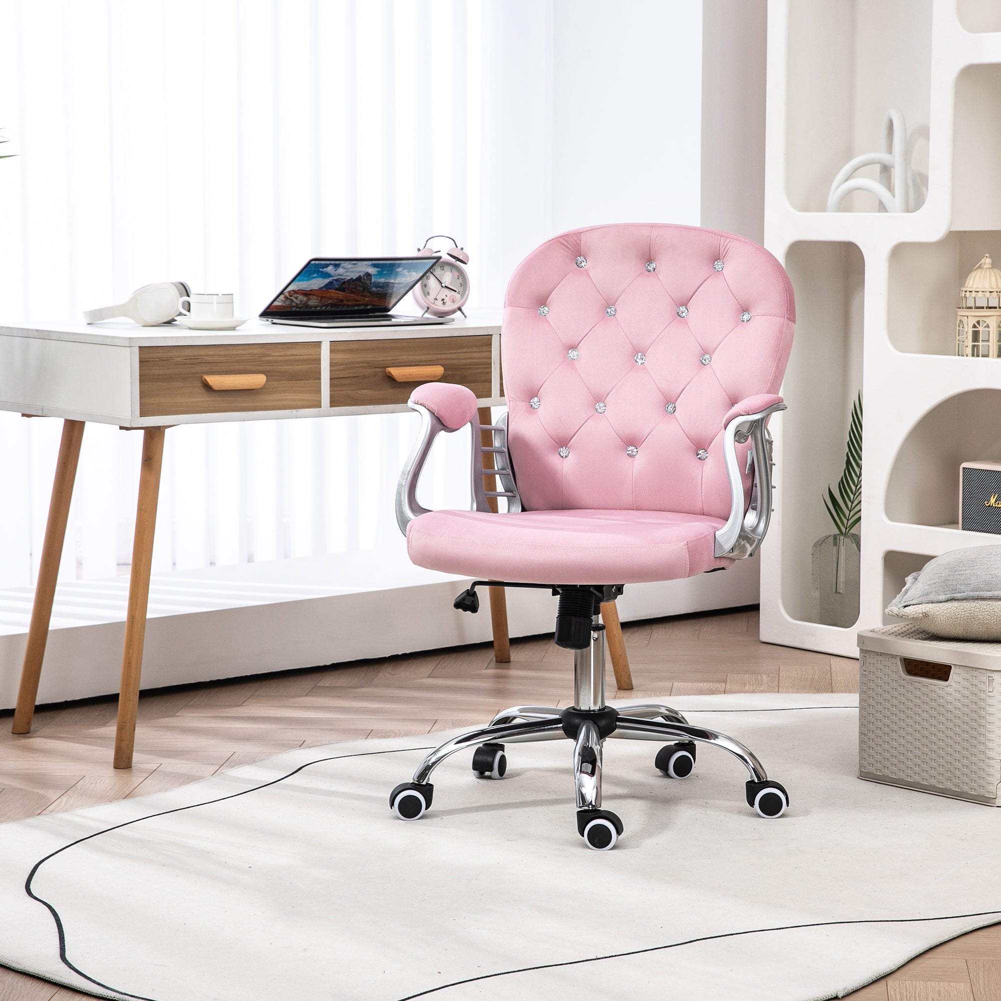 Button Tufted Desk Chair, Home Office Chair with Padded Armrests, Adjustable Height and Swivel Wheels, Pink