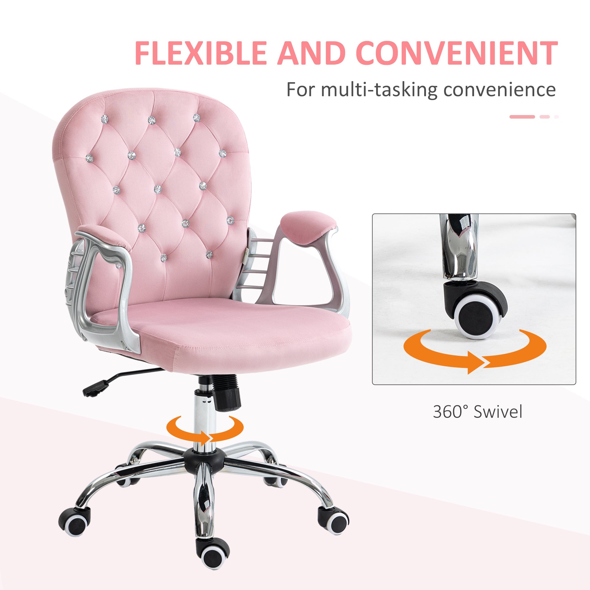 Button Tufted Desk Chair, Home Office Chair with Padded Armrests, Adjustable Height and Swivel Wheels, Pink