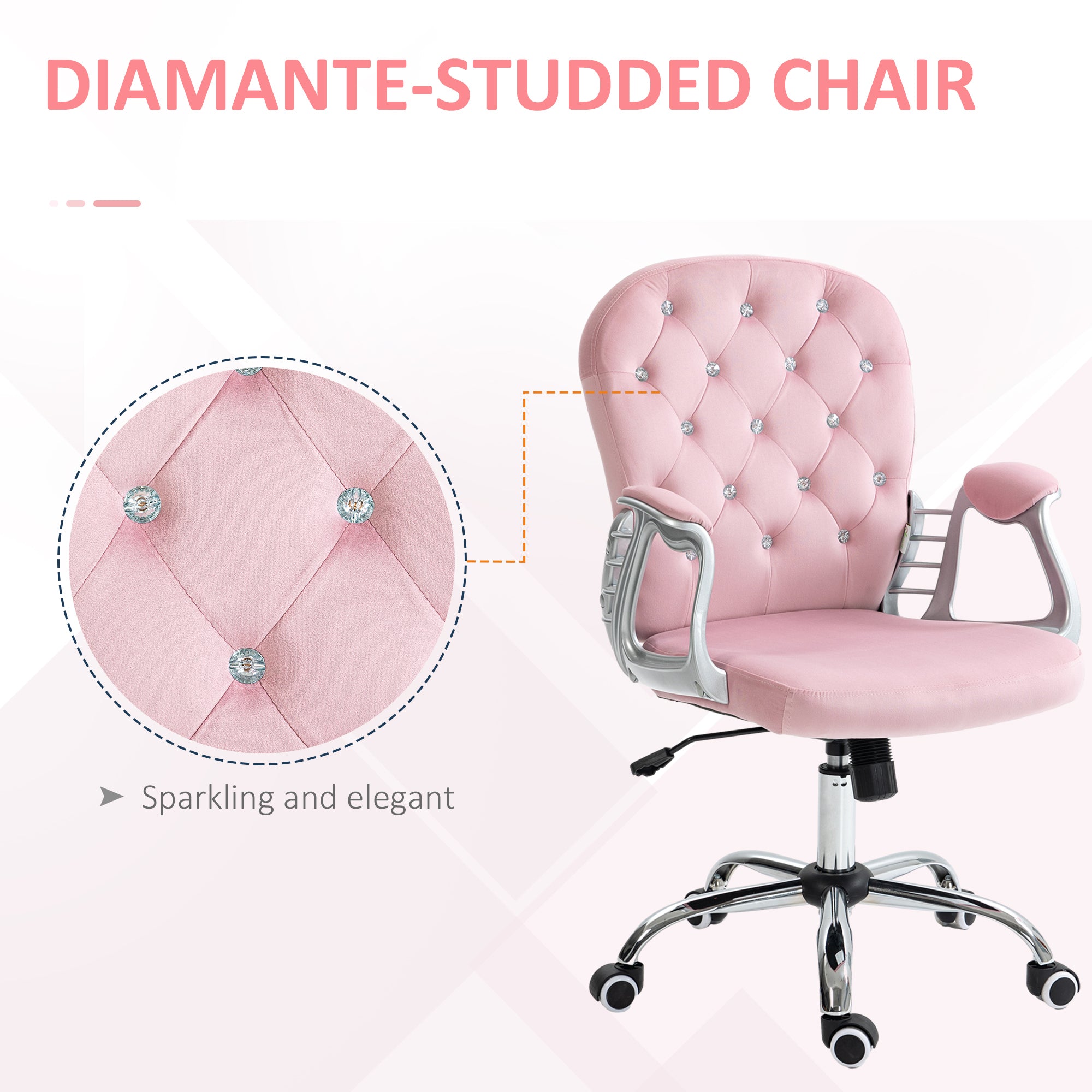 Button Tufted Desk Chair, Home Office Chair with Padded Armrests, Adjustable Height and Swivel Wheels, Pink