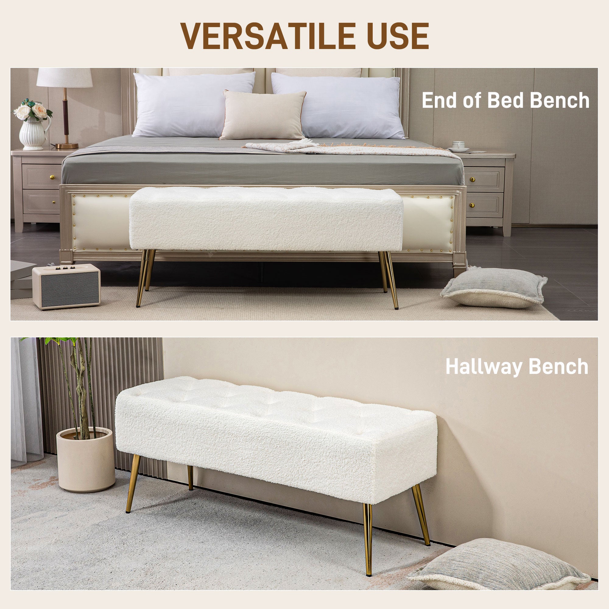 HOMCOM End of Bed Bench, Lamb's Wool-Feel Upholstered Bedroom Bench with Button Tufted, Thick Padding and Steel Legs, Entryway Bench for Living Room, Hallway, Cream White