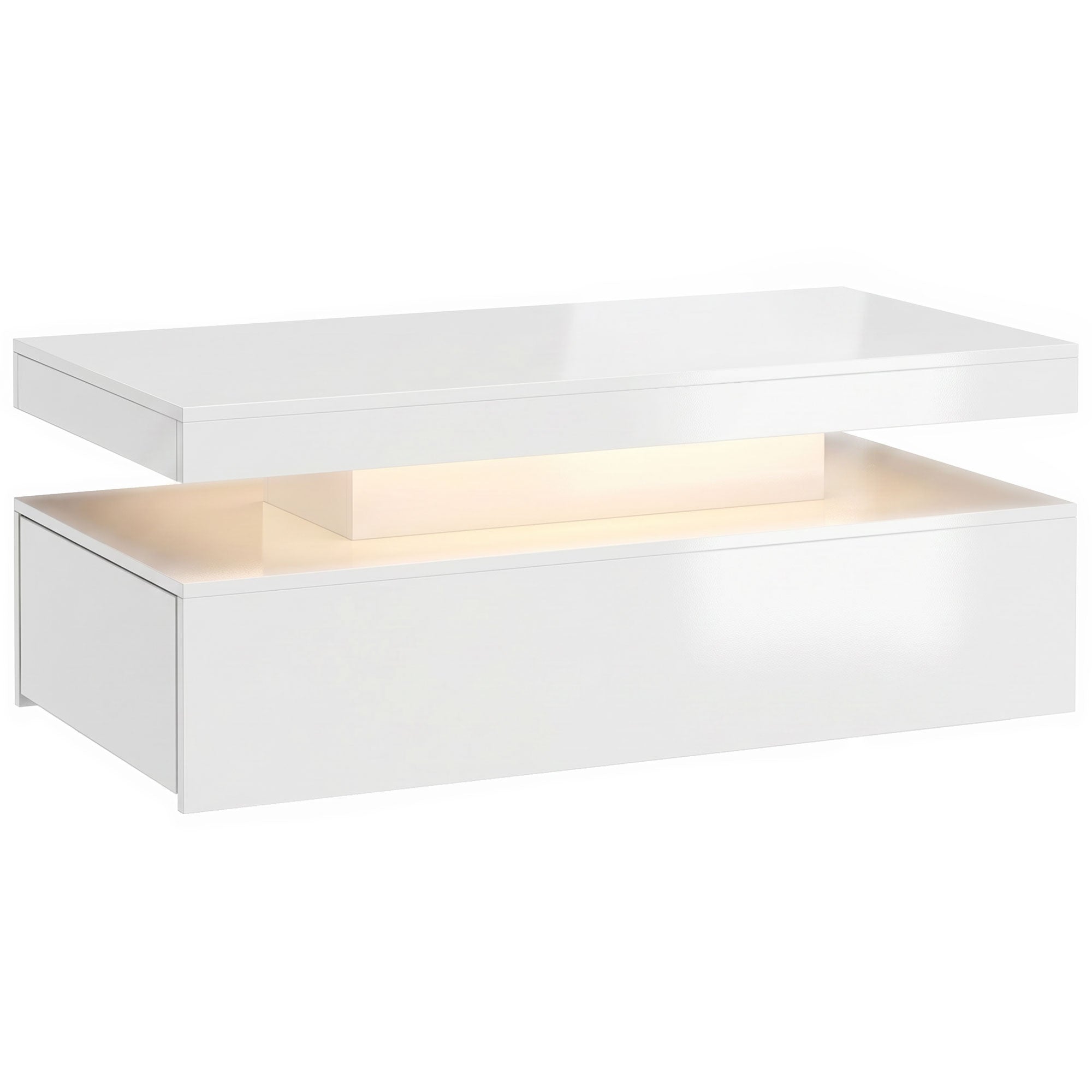 LED Coffee Table with Storage, 2-Tier Modern Rectangular Center Table with 2 Drawers and Open Compartment for Living Room, High Gloss White