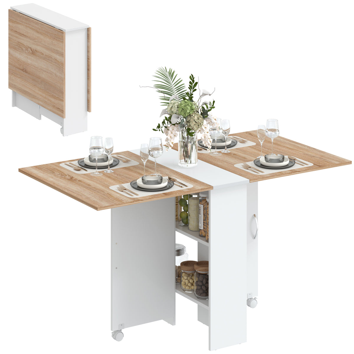 Folding Dining Table, Drop Leaf Table with 2-Tier Shelves, Rolling Casters, for Small Spaces, Kitchen, White and Natural