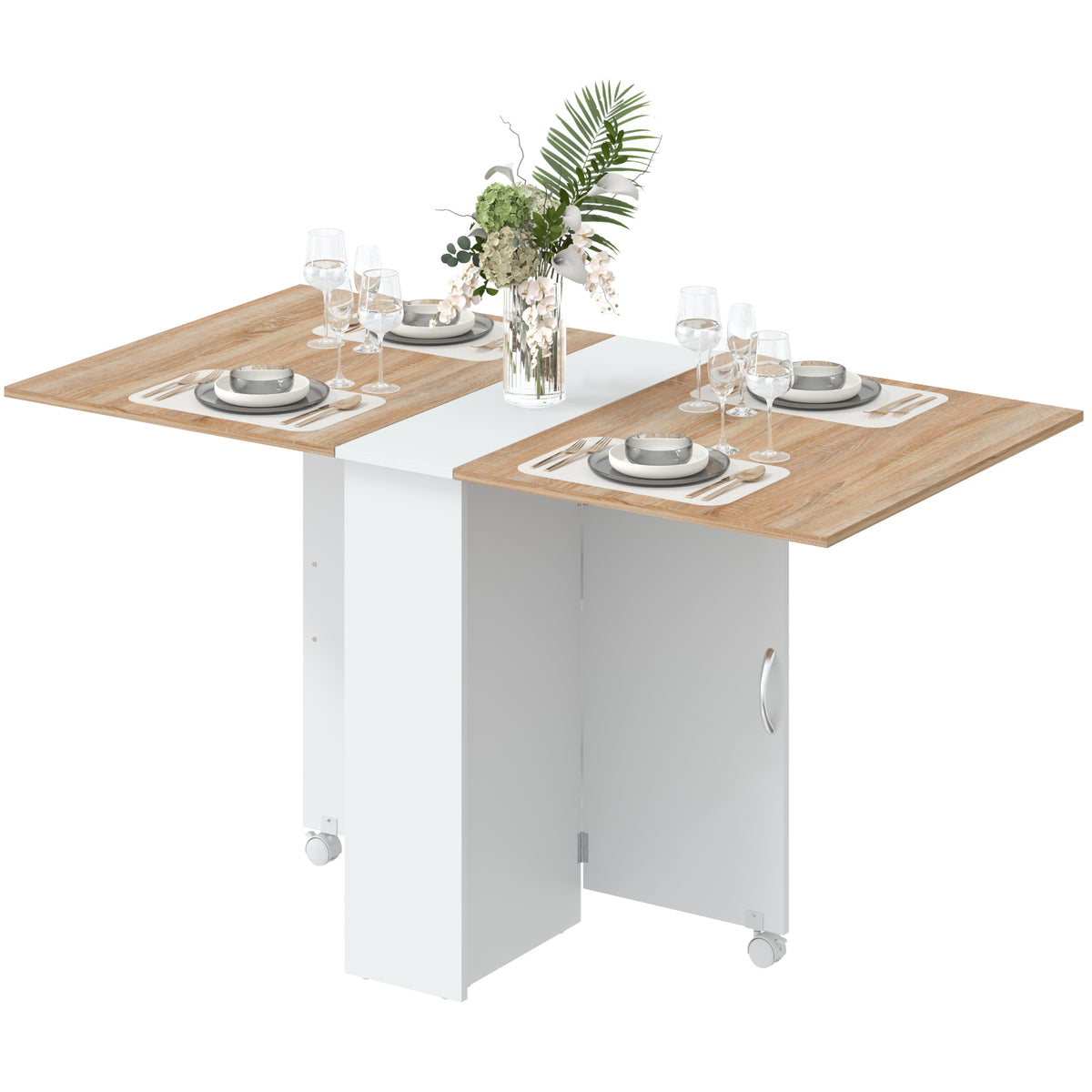 Folding Dining Table, Drop Leaf Table with 2-Tier Shelves, Rolling Casters, for Small Spaces, Kitchen, White and Natural