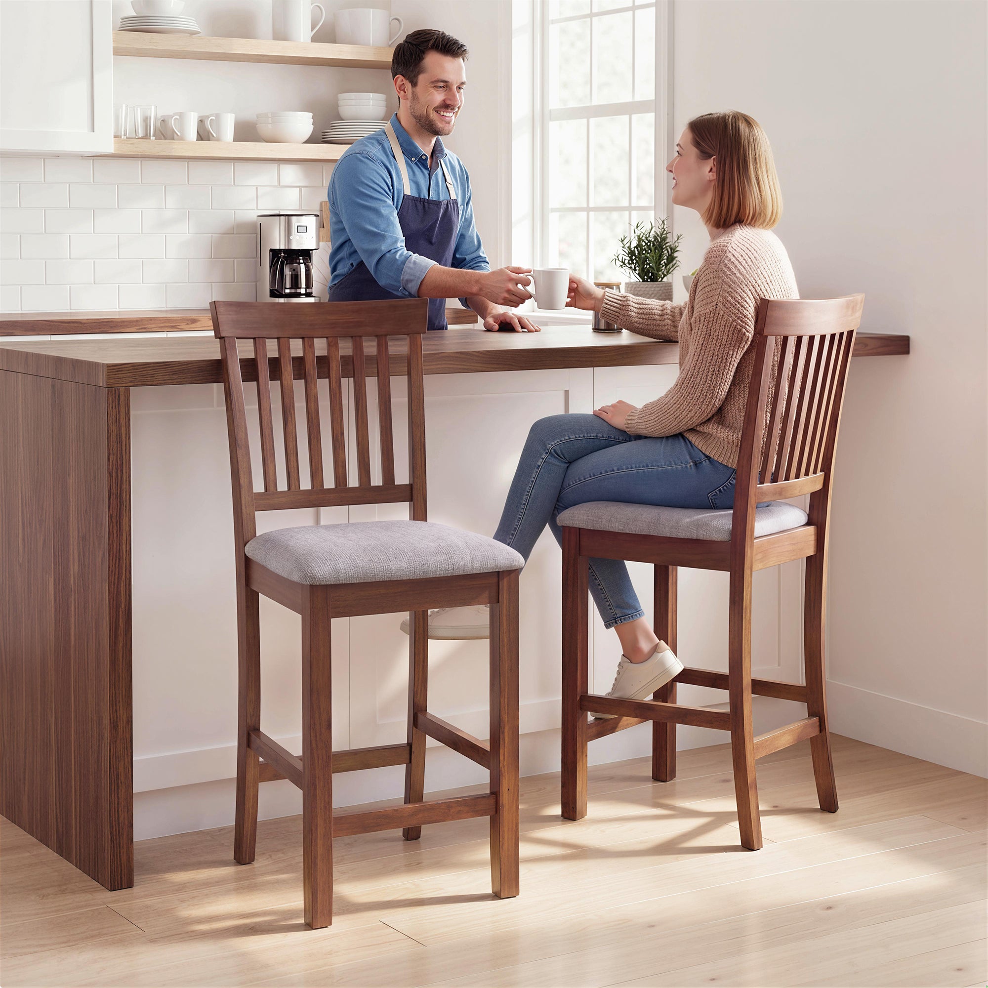 Bar Stools Set of 2, Modern Upholstered Barstools with High Back and Rubberwood Legs, Counter Height Kitchen Chairs for Kitchen Island Dining Room Home Bar, Gray and Dark Brown