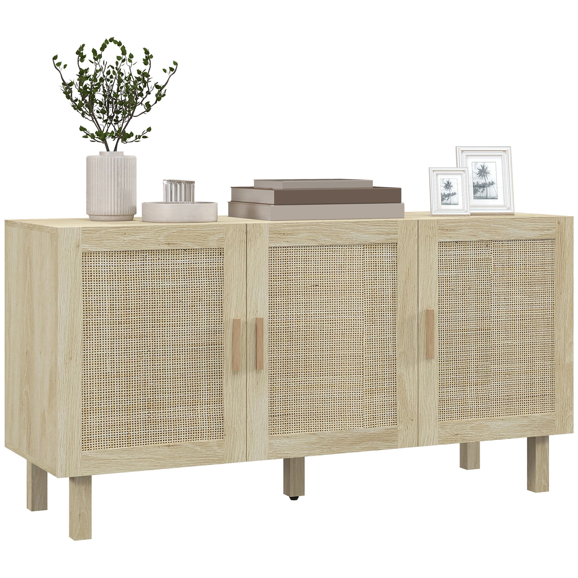 HOMCOM Buffet Cabinet, Sideboard with 3 Storage Cabinets, Rattan Doors and Adjustable Shelves, Boho Kitchen Cabinet, Natural