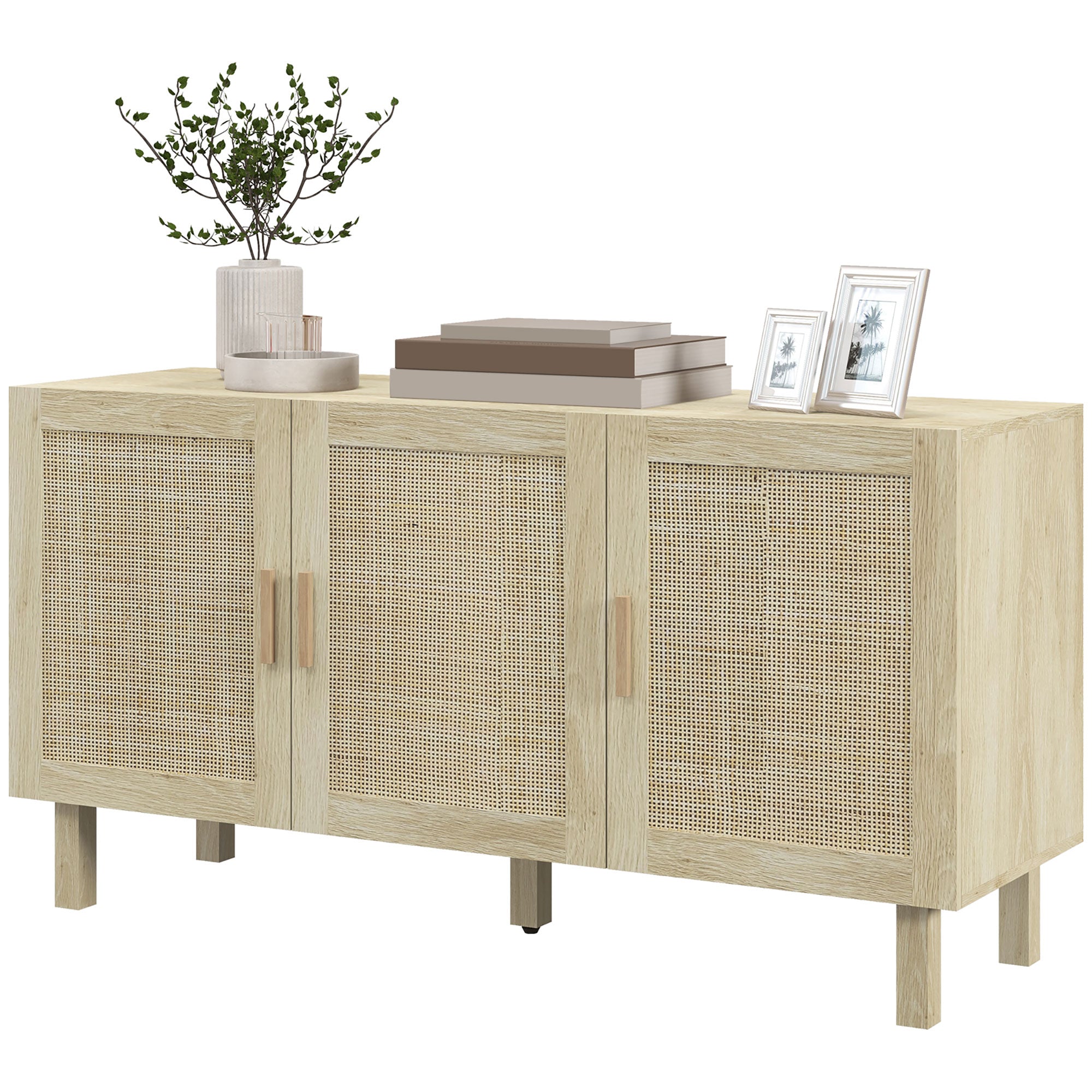 HOMCOM Buffet Cabinet, Sideboard with 3 Storage Cabinets, Rattan Doors and Adjustable Shelves, Boho Kitchen Cabinet, Natural