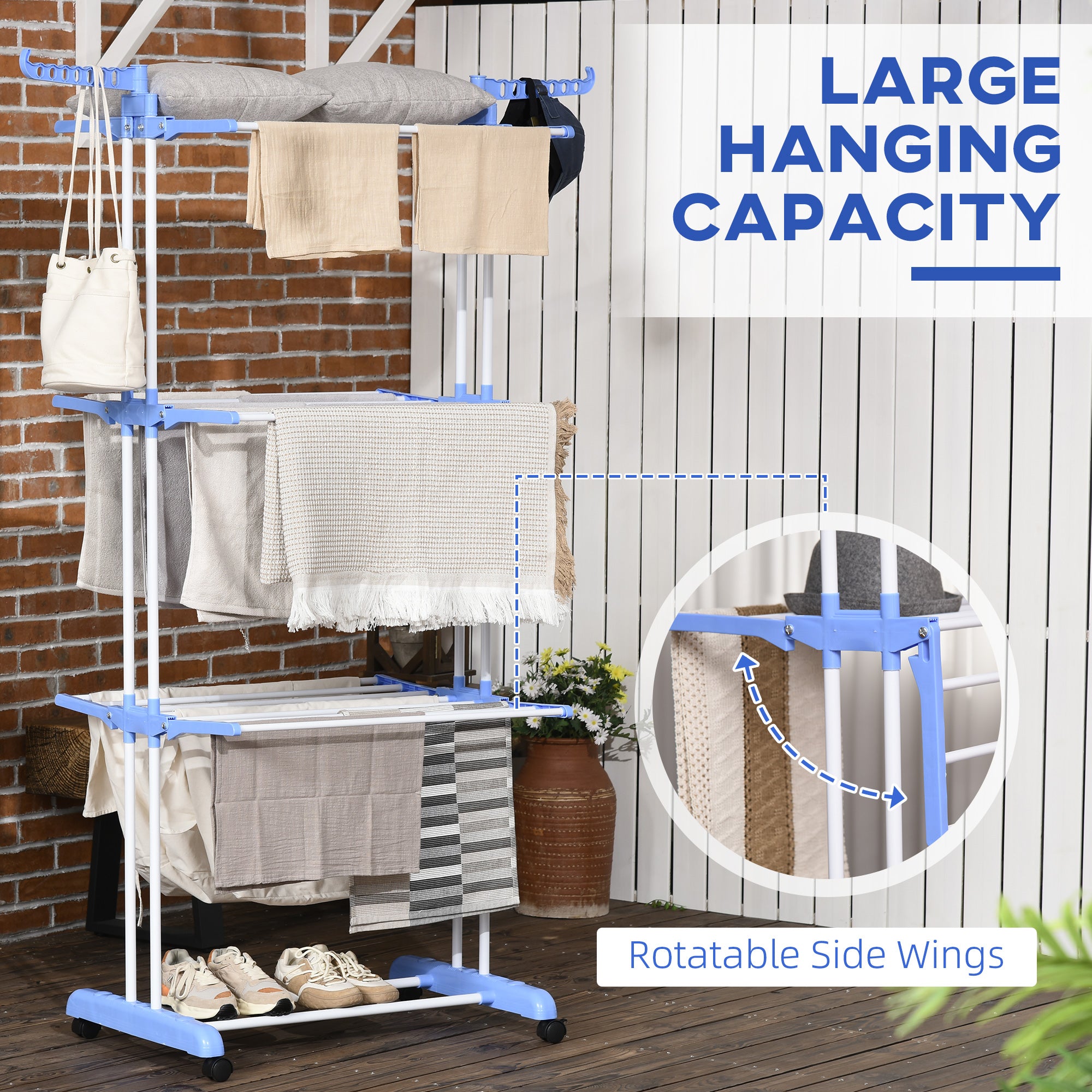 HOMCOM Foldable Clothes Drying Rack, 4-Tier Steel Laundry Racks for Drying Clothes with 2 Side Wings and 4 Castors, Indoor and Outdoor Use, Blue