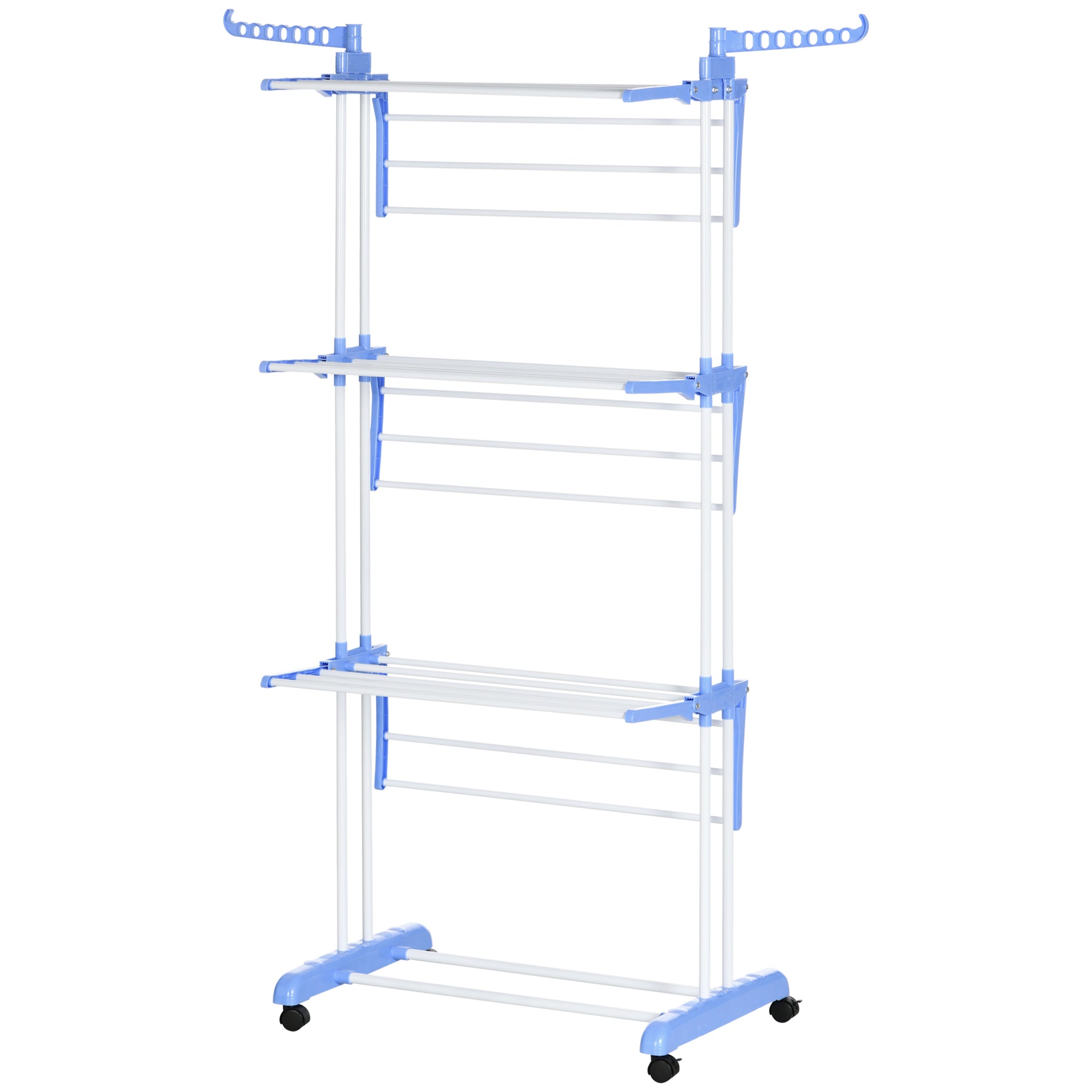 HOMCOM Foldable Clothes Drying Rack, 4-Tier Steel Laundry Racks for Drying Clothes with 2 Side Wings and 4 Castors, Indoor and Outdoor Use, Blue