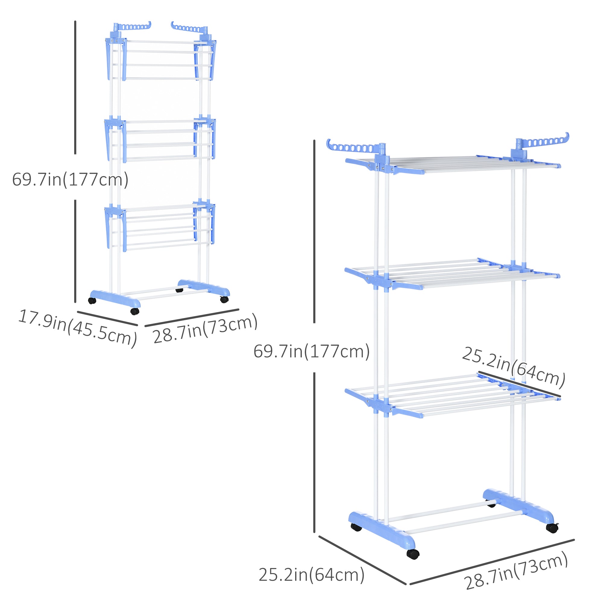 HOMCOM Foldable Clothes Drying Rack, 4-Tier Steel Laundry Racks for Drying Clothes with 2 Side Wings and 4 Castors, Indoor and Outdoor Use, Blue