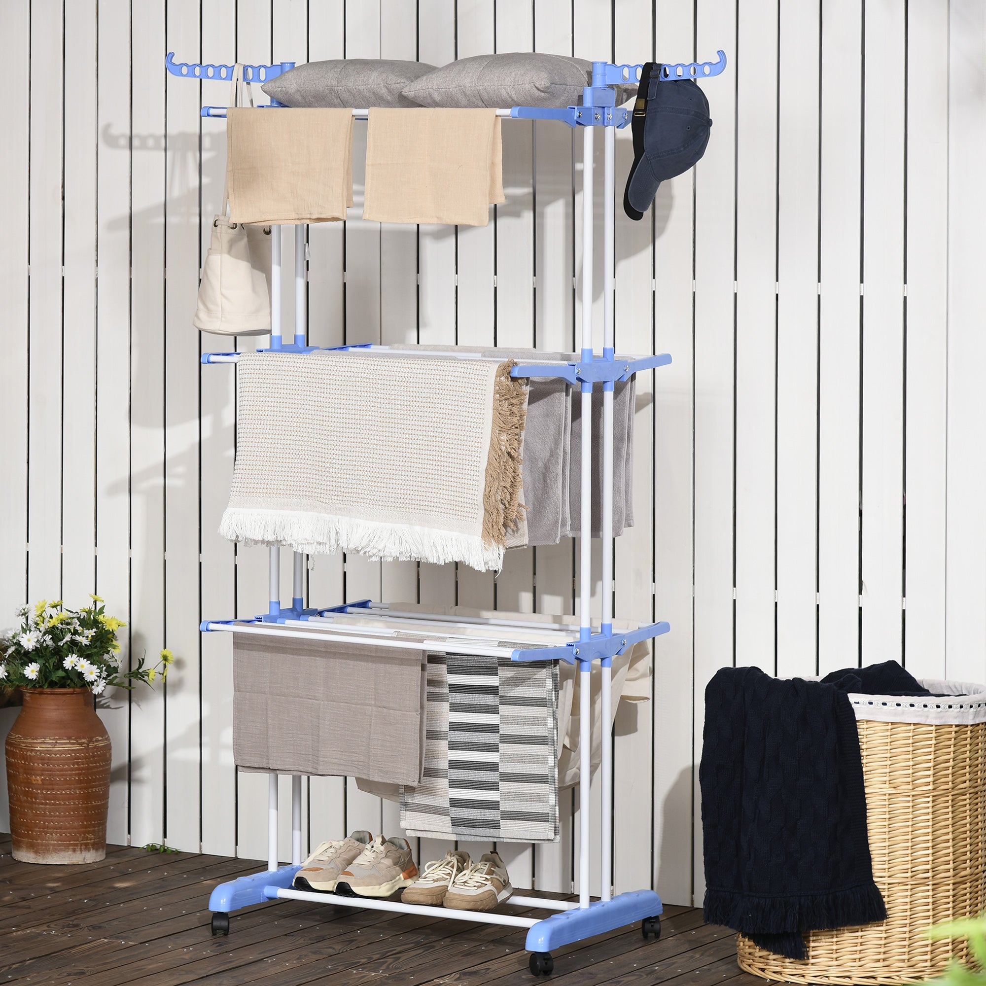 HOMCOM Foldable Clothes Drying Rack, 4-Tier Steel Laundry Racks for Drying Clothes with 2 Side Wings and 4 Castors, Indoor and Outdoor Use, Blue