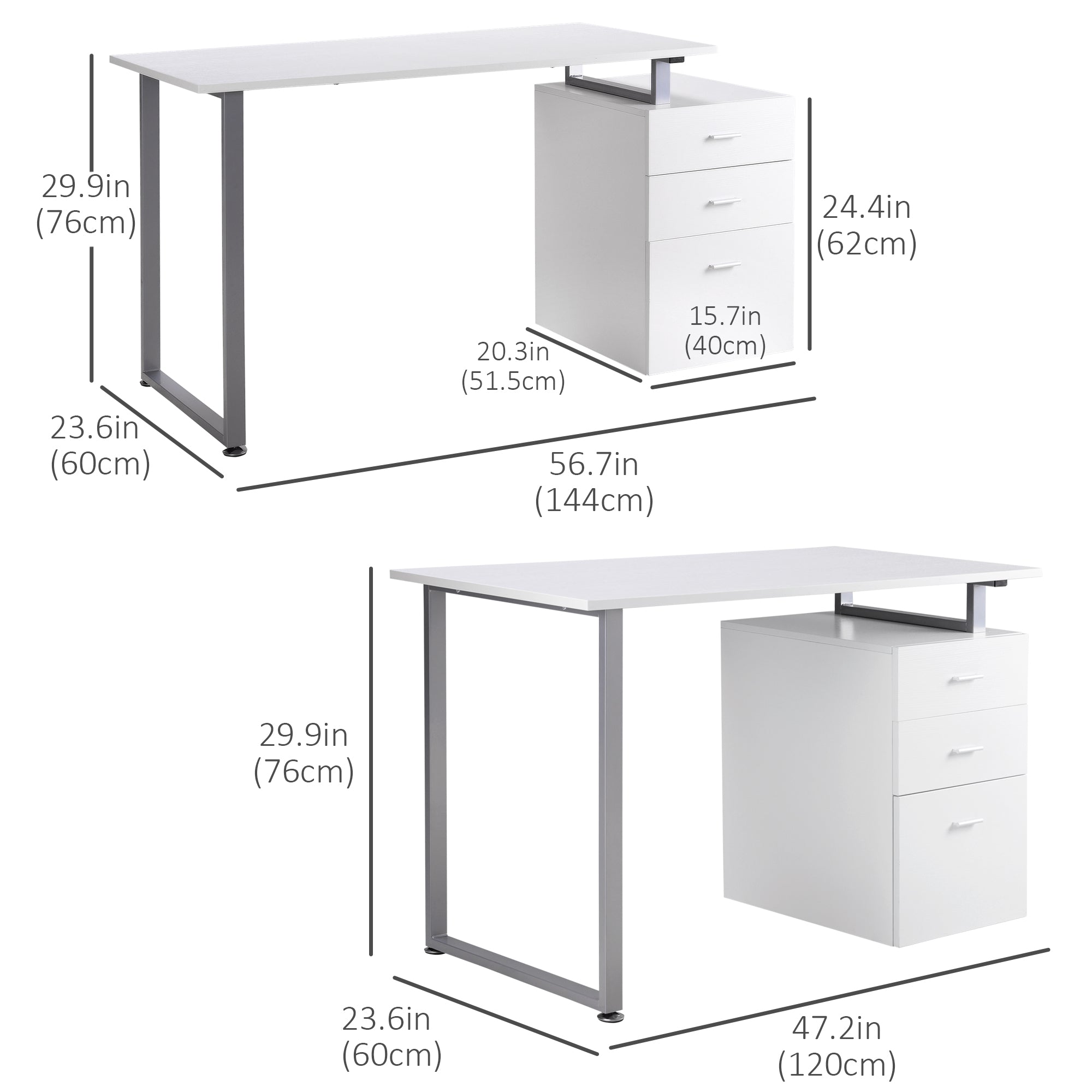 HOMCOM 47" L Computer Desk Writing Table Workstation with Multi-Use Reversible File Drawers Metal Frame Home Office Furniture, White