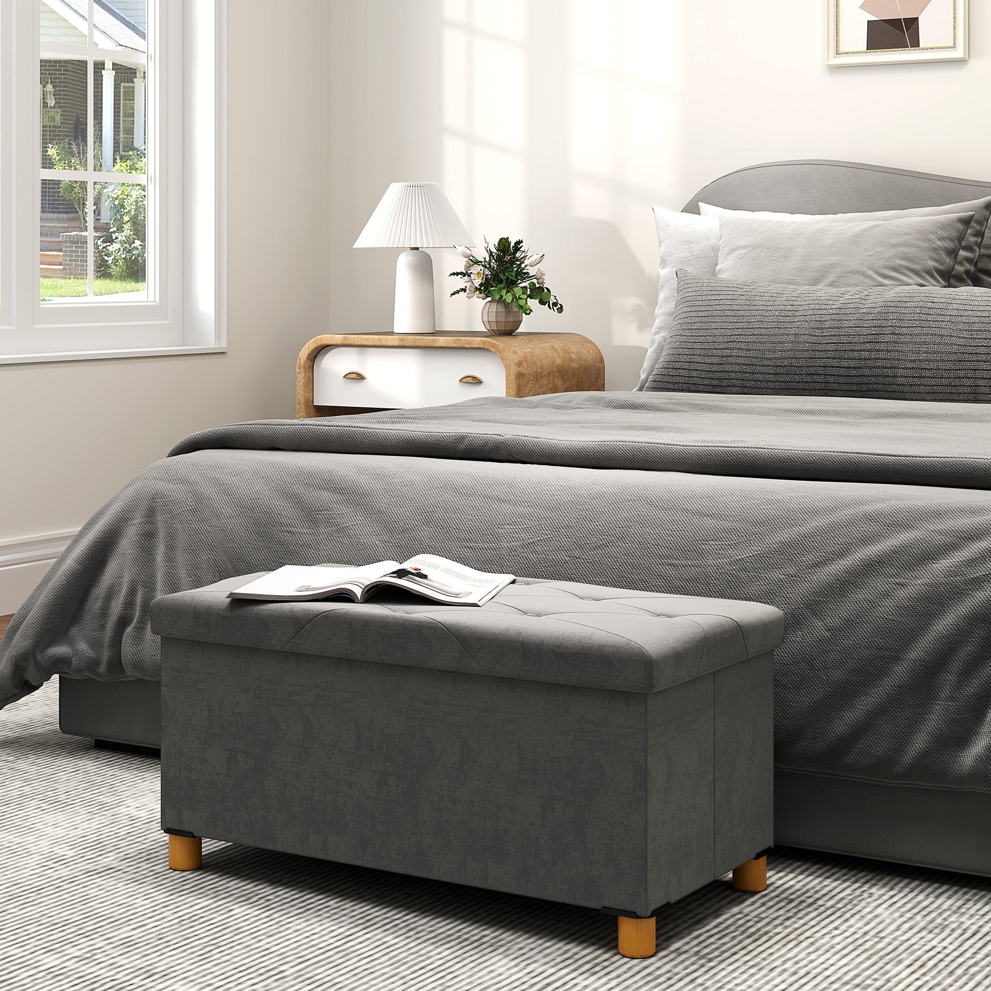 Storage Ottoman Bench, Velvet Upholstered Foldable Ottoman Footrest, Foot Stool with Wood Legs for Living Room, Bedroom, Entryway, Grey
