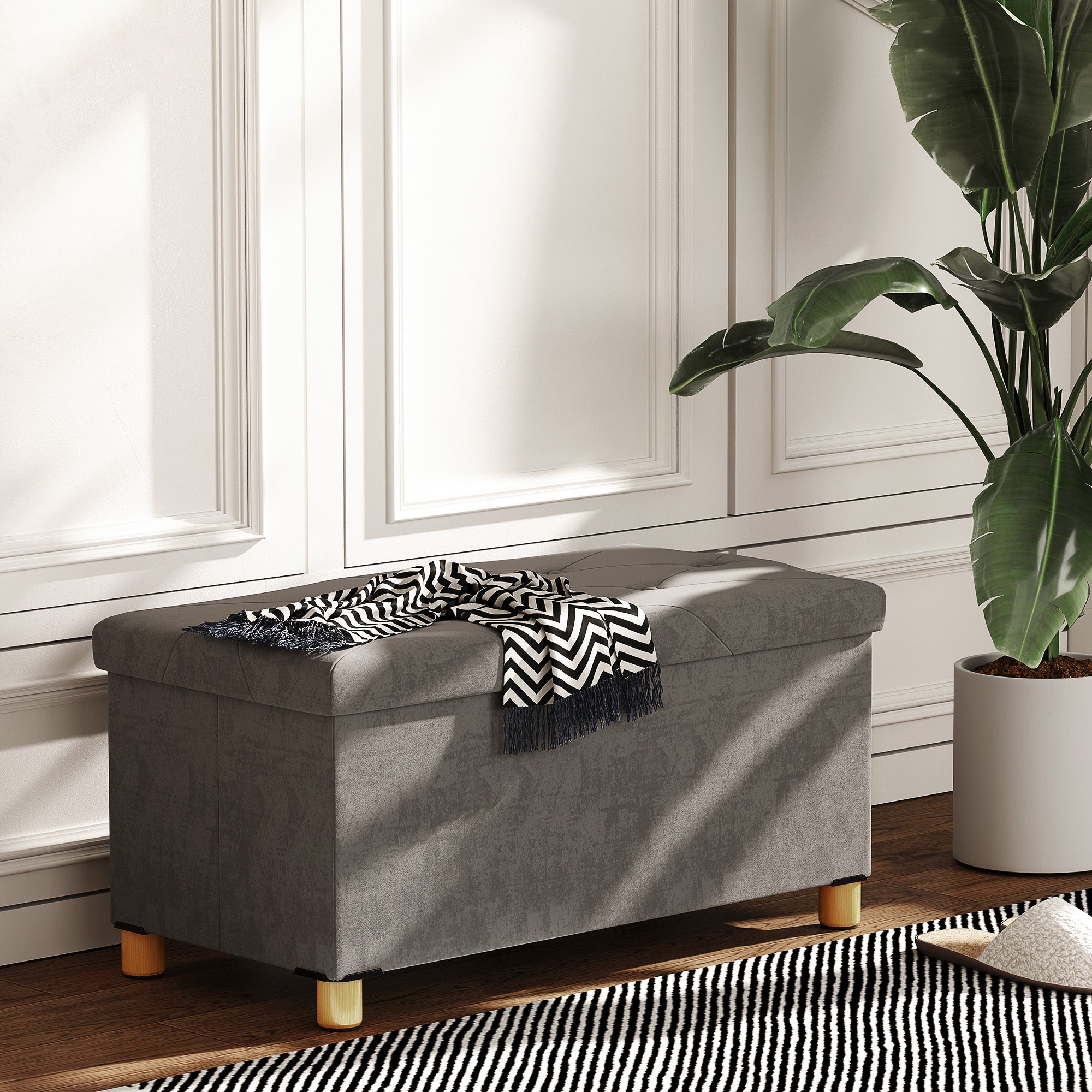 Storage Ottoman Bench, Velvet Upholstered Foldable Ottoman Footrest, Foot Stool with Wood Legs for Living Room, Bedroom, Entryway, Grey