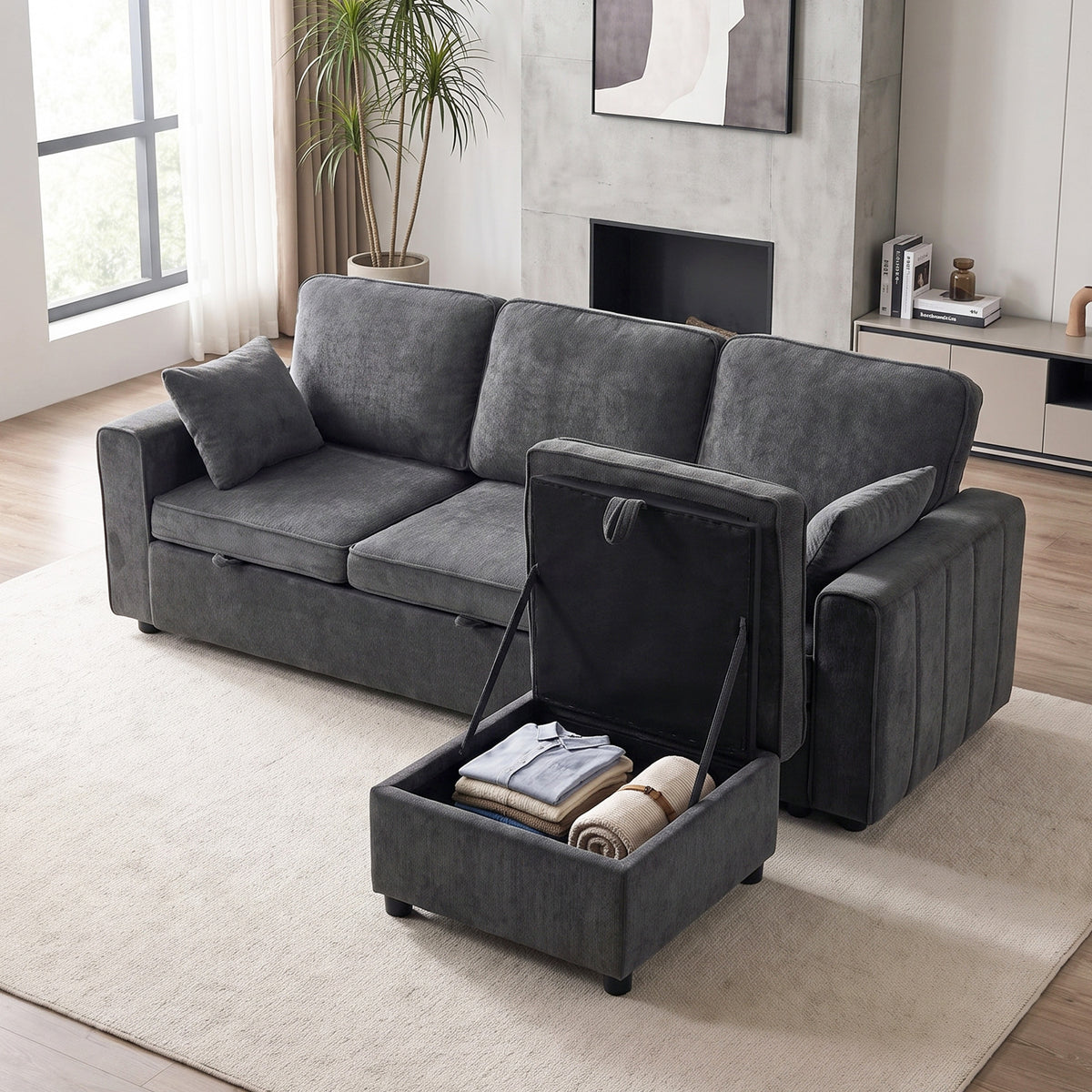 Modular Sectional Sofa Bed with Reversible Storage Ottoman, Chenille Pull Out Sleeper Sofa with Spring Cushion, Wide and Deep Seat, 3 Seater Couch for Living Room, Dark Grey