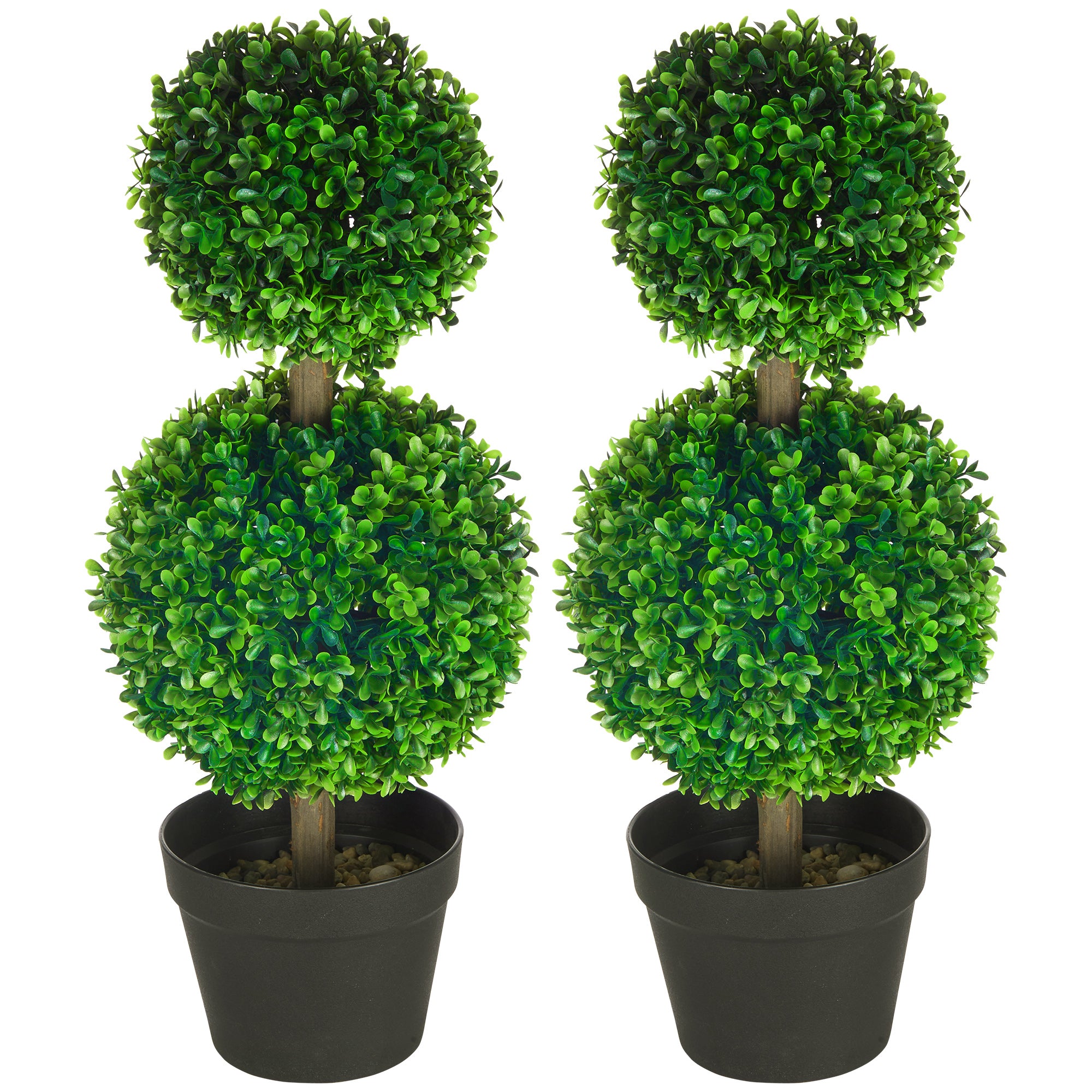 2 Pcs 23.5" Artificial Boxwood Ball Topiary Tree Set of 2 Fake Plants in Pot Double Ball Shaped Leaves