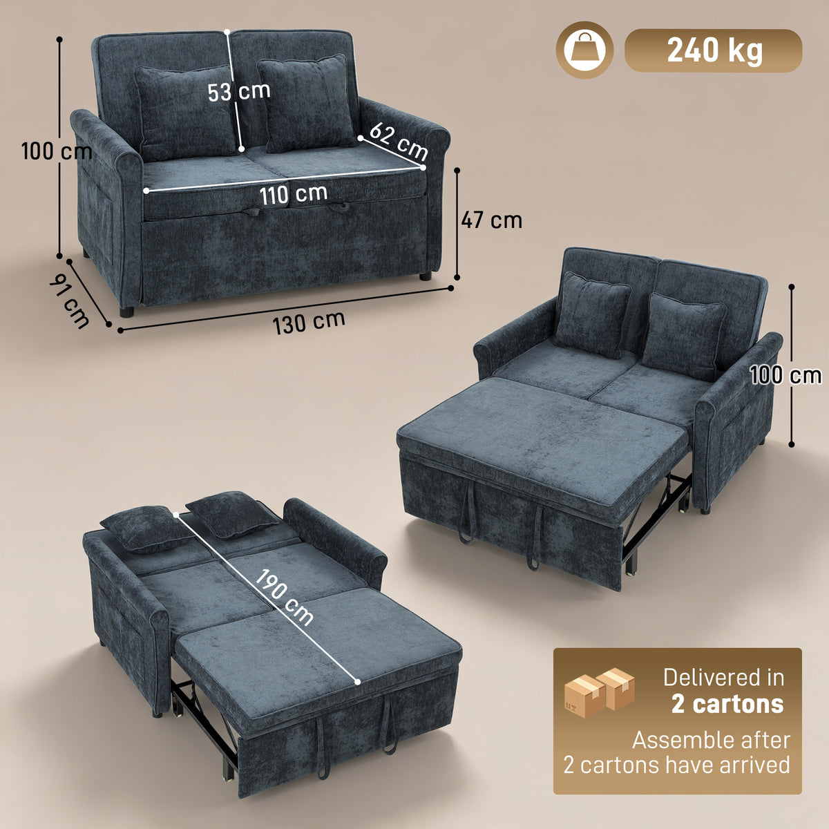 2 Seater Sofa Bed, 3-in-1 Convertible Pull Out Double Sleeper Sofa 190 x 130 cm, 5-Position Adjustable Backrest, Chenille Loveseat Bed Settee for Living Room, Bedroom, Guest Room, Dark Blue