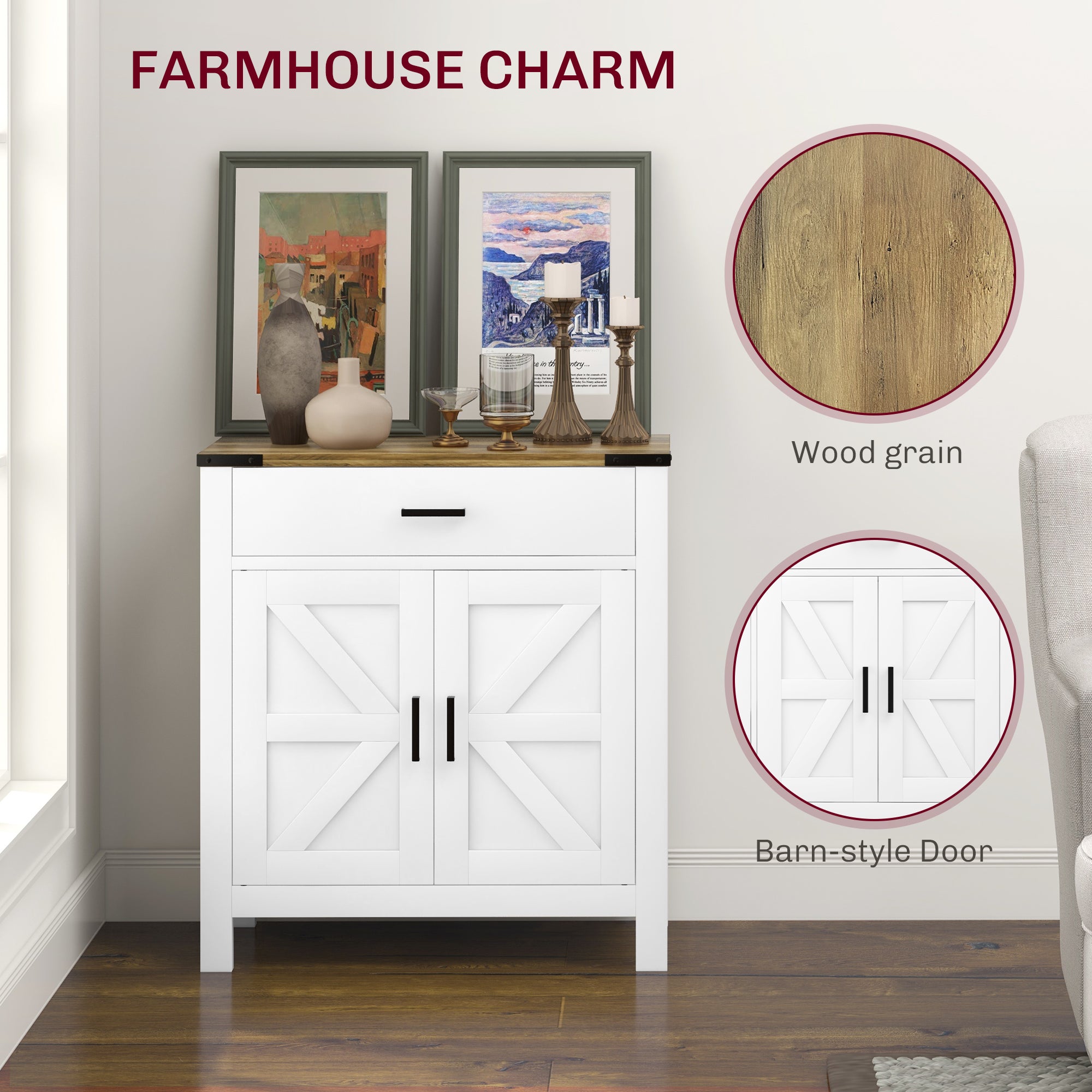 HOMCOM Sideboard with 1 Drawer 1 Storage Cabinet, Buffet Cabinet with Barn-style Doors and Adjustable Shelf, Farmhouse Kitchen Cabinet, White