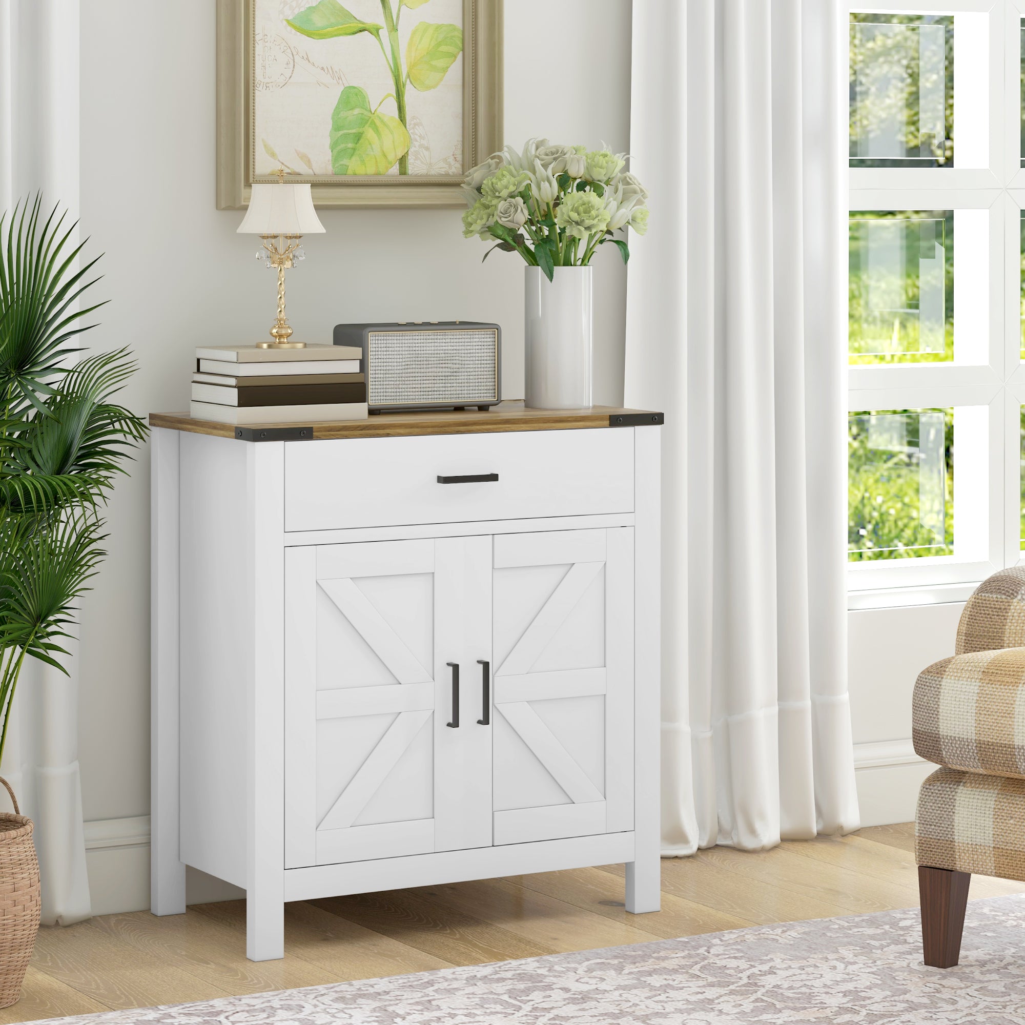HOMCOM Sideboard with 1 Drawer 1 Storage Cabinet, Buffet Cabinet with Barn-style Doors and Adjustable Shelf, Farmhouse Kitchen Cabinet, White