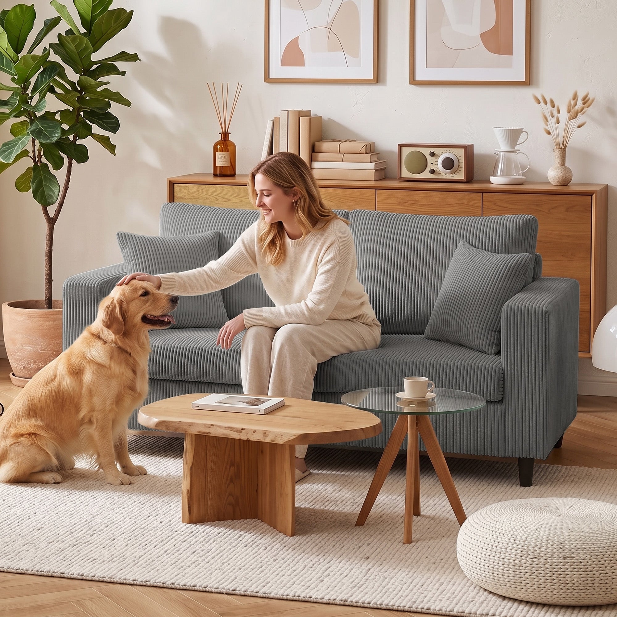 2 Seater Sofa, 170 cm Comfy Corduroy Couch with Wide Deep Seat, Wide Armrests, Spring Cushion, Thick Padded, Solid Wood Legs, Loveseat Sofa for Living Room, Light Grey