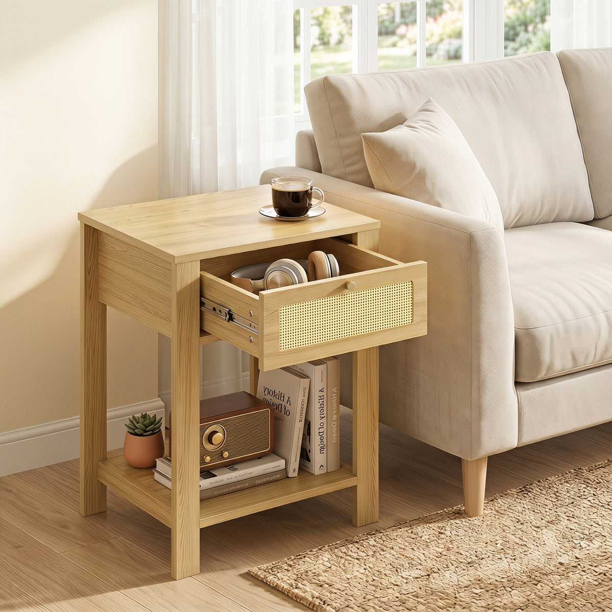 Nightstand Set of 2, Bedside Table Set with Drawer and Open Storage Shelf, Side End Table with Storage for Bedroom, Living Room, Natural Wood