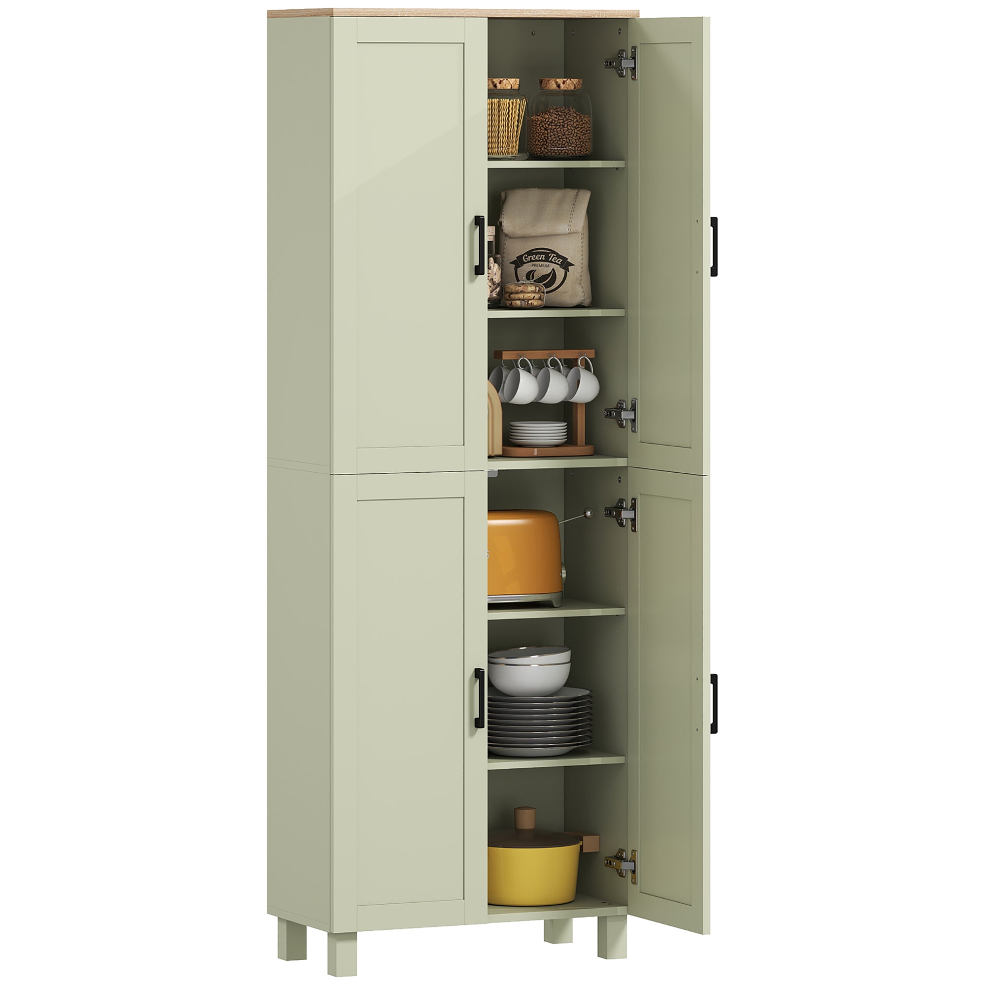 Freestanding Kitchen Cupboard, 4-Door Storage Cabinet with Adjustable Shelves, Modern Kitchen Pantry for Dining Room, 170cm, Green
