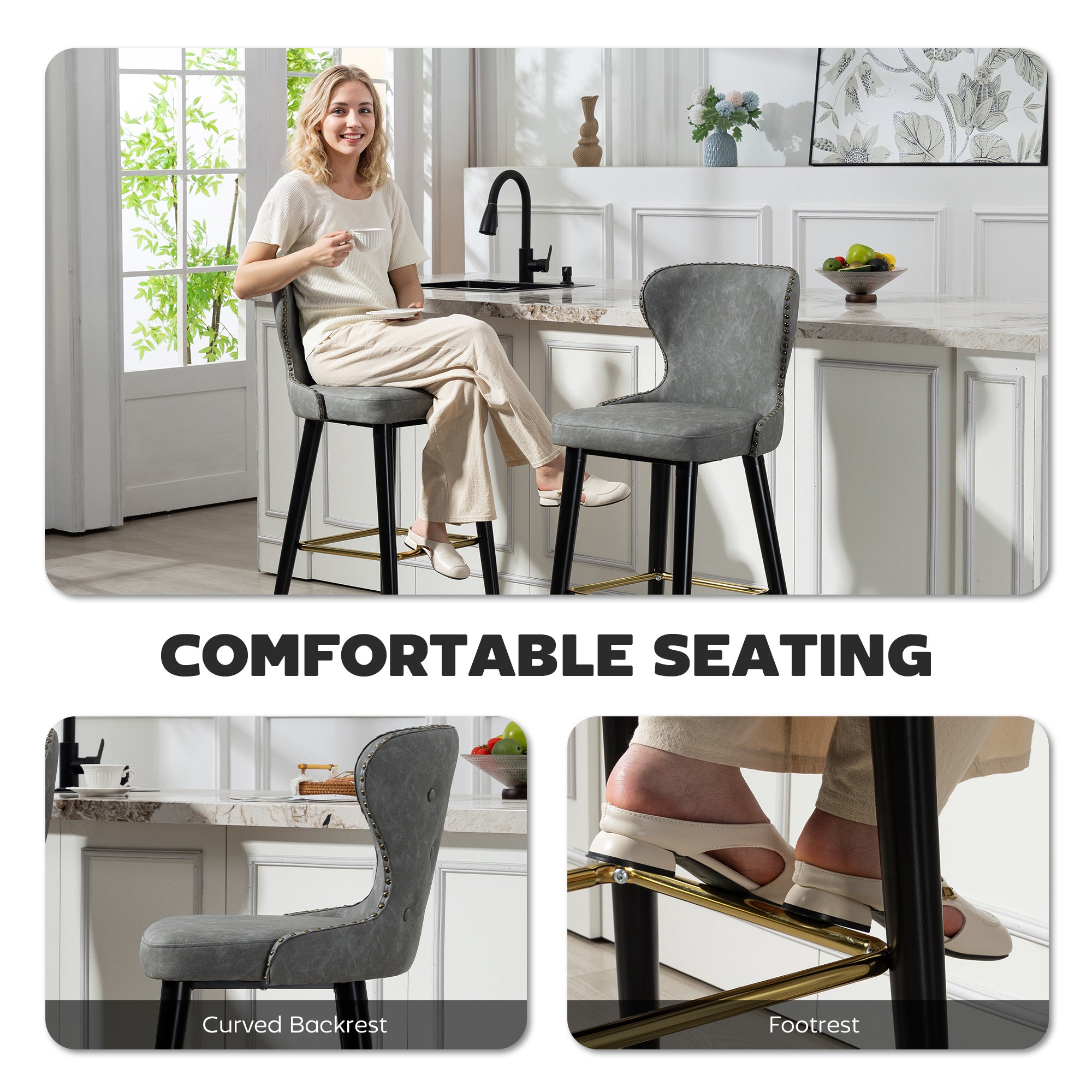 Bar Stools Set of 2, PU Leather Barstools with Backrest, Footrest and Solid Wood Legs, Dining Stools for Kitchen, Counter, Breakfast Bar, Grey