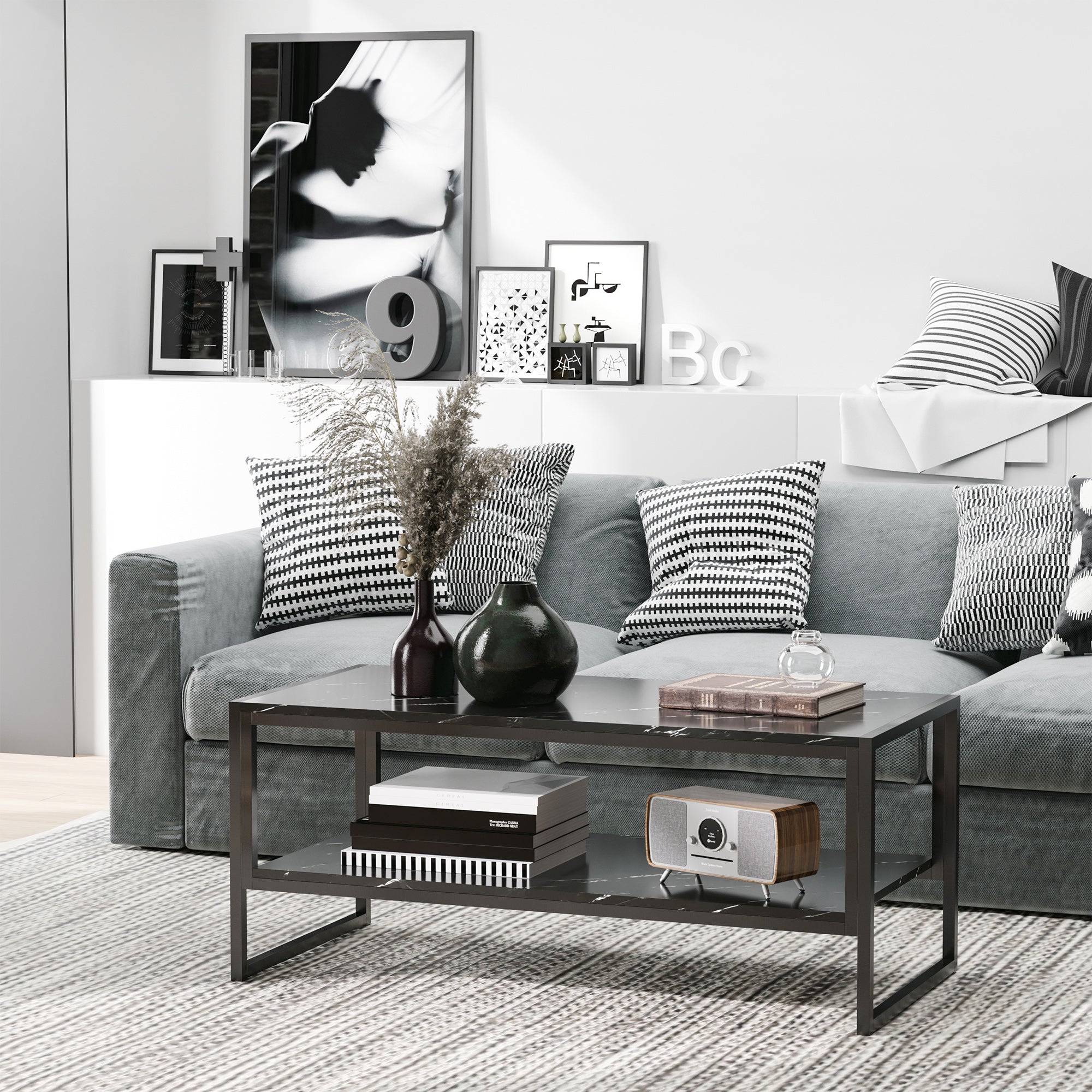 HOMCOM Coffee Table, Two-Tier Marble Centre Table with Metal Frame and Storage Shelf for Living Room, 106 x 50 x 45cm, Black