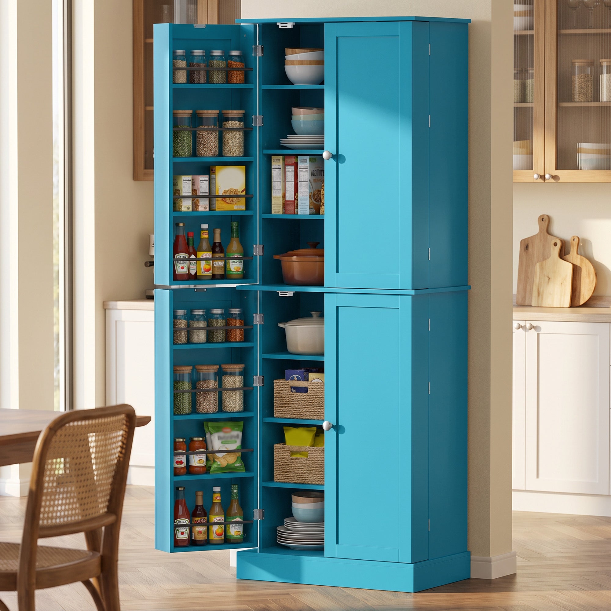 65" Kitchen Pantry Cabinet, Modern Storage Cabinet with Doors and Shelves, Freestanding Cupboard for Dining Room, Blue