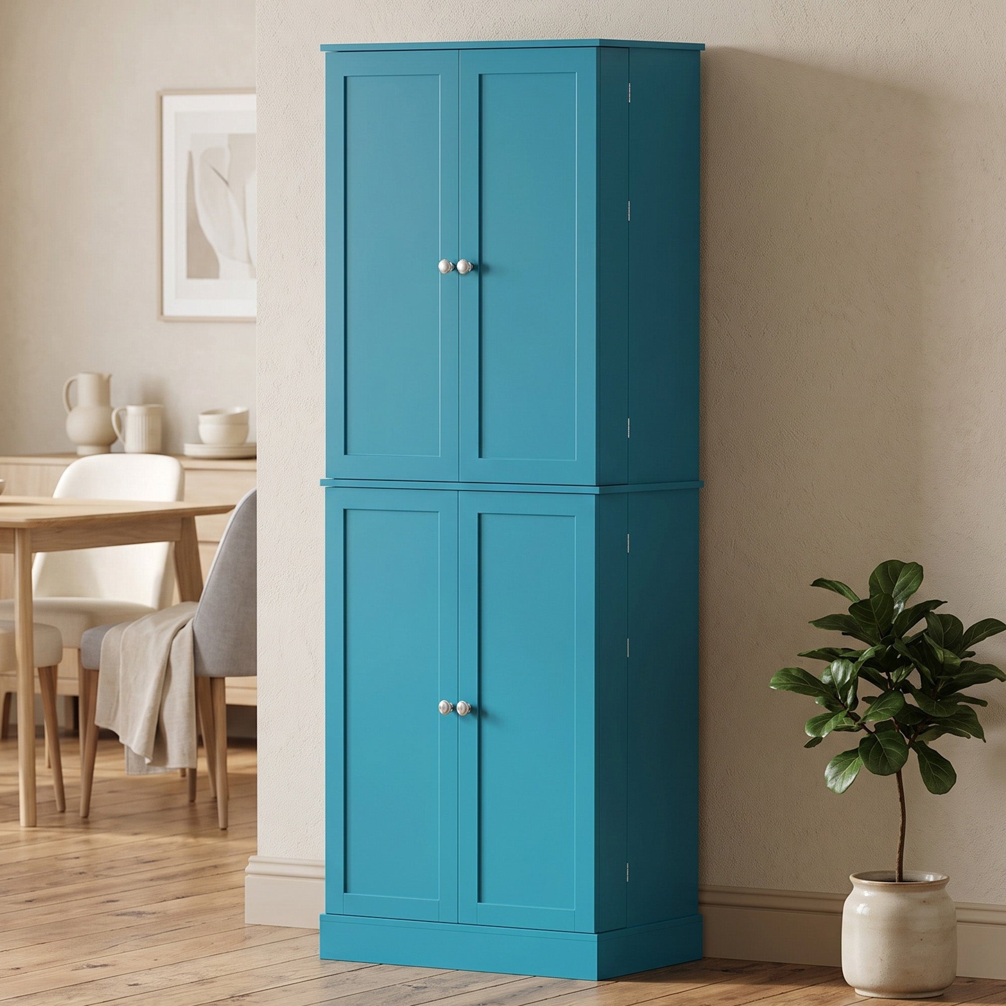 65" Kitchen Pantry Cabinet, Modern Storage Cabinet with Doors and Shelves, Freestanding Cupboard for Dining Room, Blue