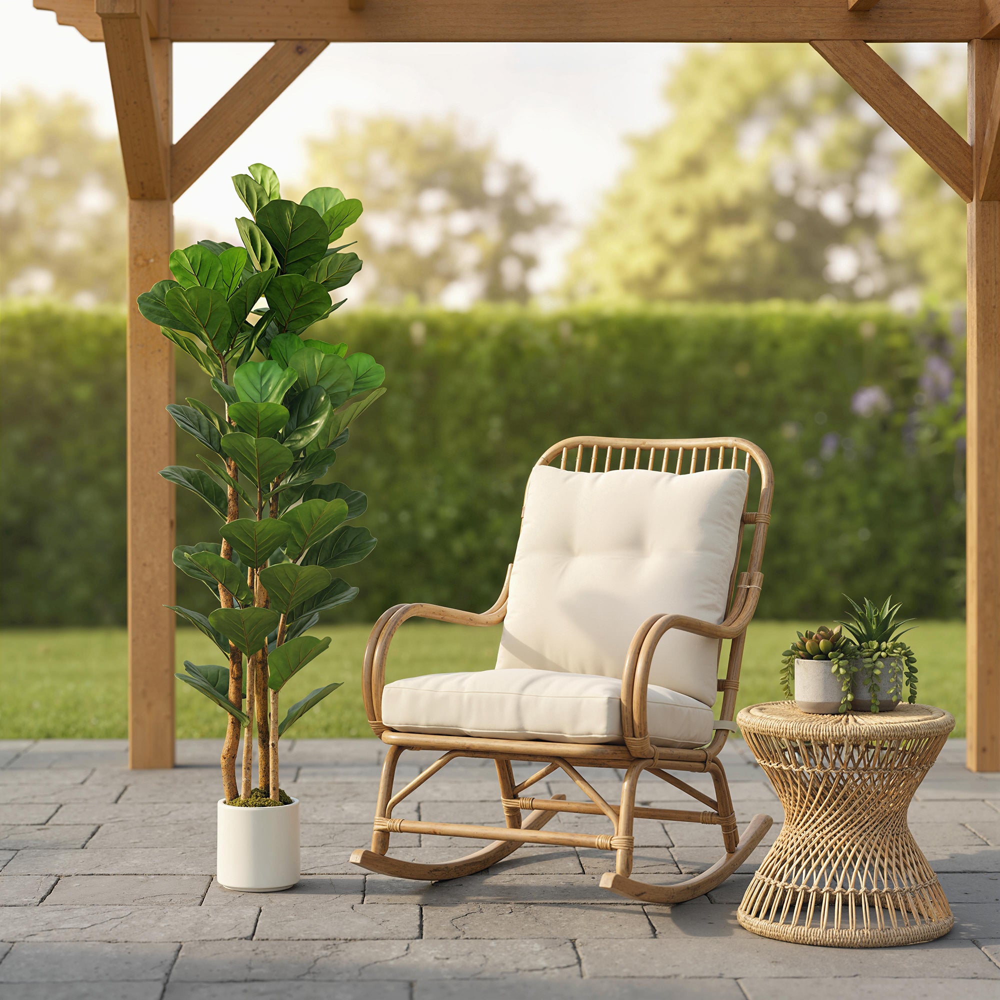 5FT Artificial Fiddle Leaf Fig Tree with Solid Wood Trunks, Lifelike Fake Tree with 45 Leaves in Pot for Indoor Living Room Office Home Decor, Green