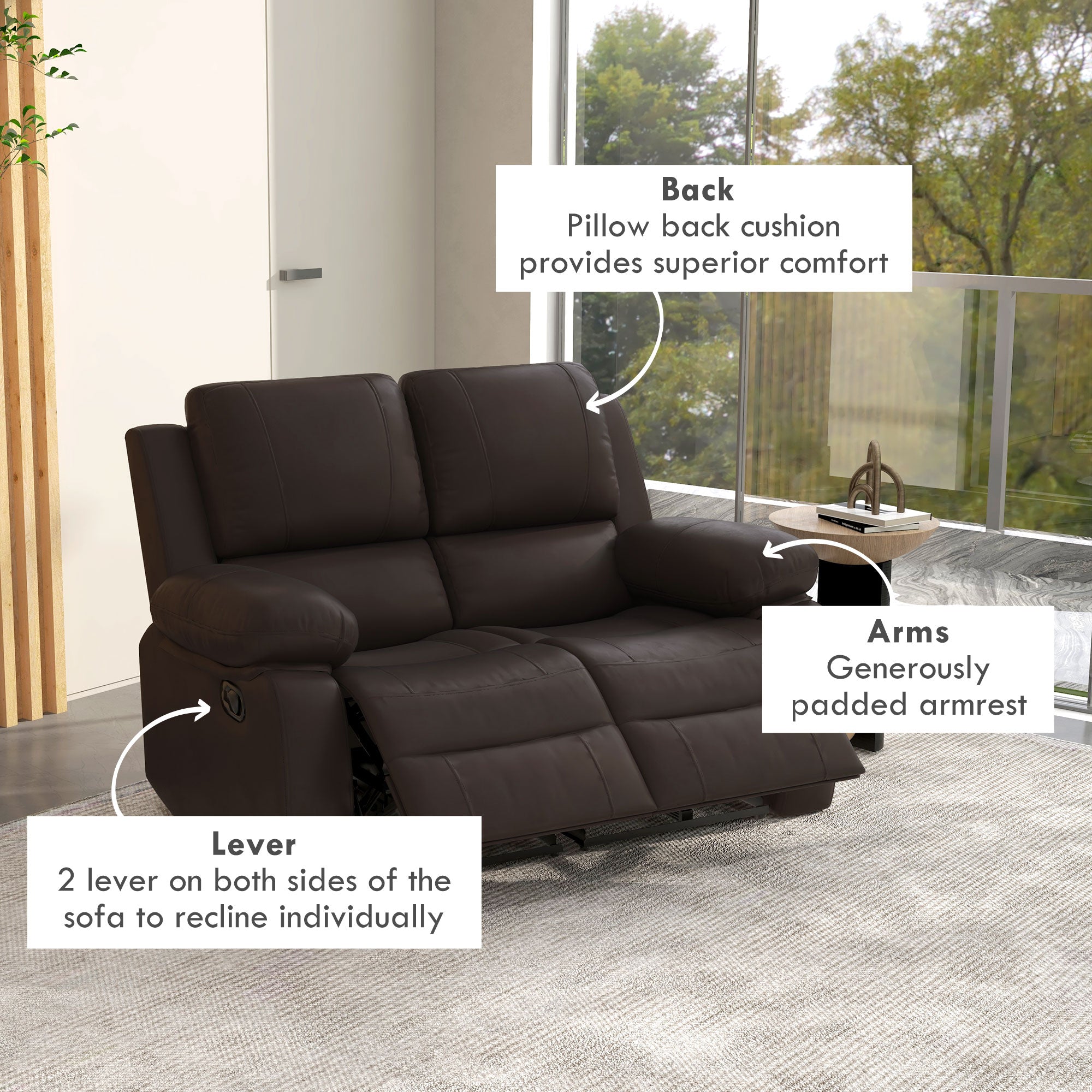 HOMCOM Double Reclining Loveseat, PU Leather Manual Recliner Chair with Pullback Control Footrest for Living Room, Brown