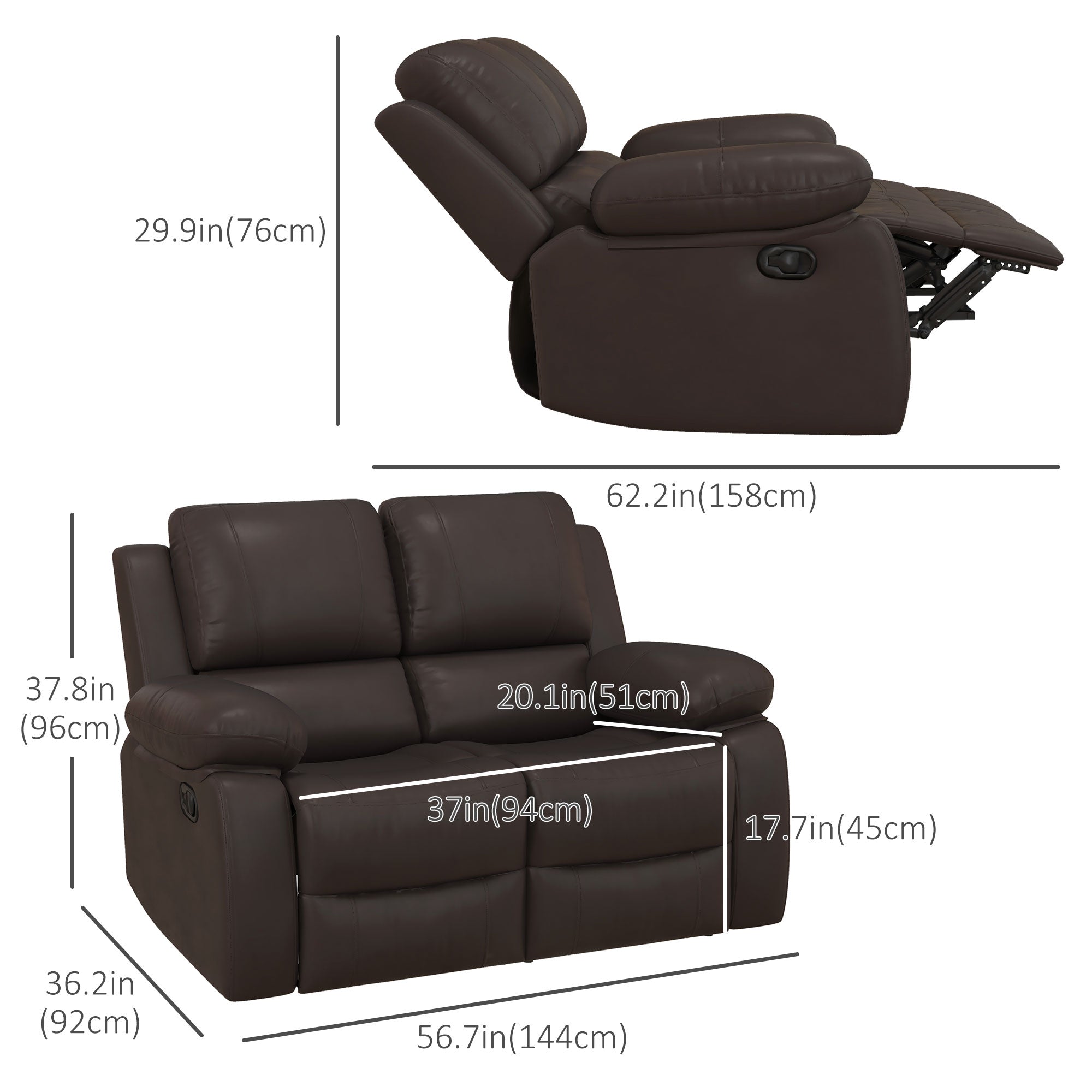 HOMCOM Double Reclining Loveseat, PU Leather Manual Recliner Chair with Pullback Control Footrest for Living Room, Brown